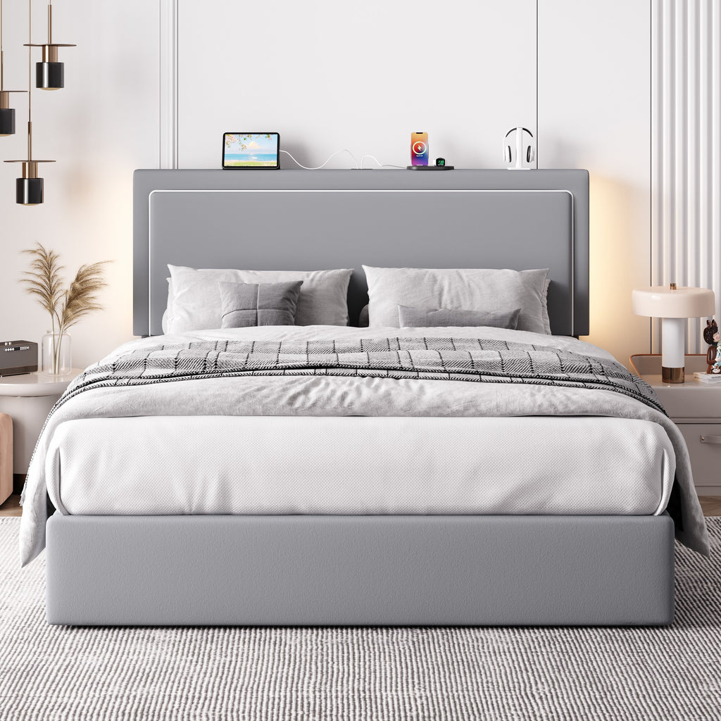 Einfach Lift Up Hydraulic Bed Frame, Upholstered Velvet Storage Headboard Platform Bed with LED Light and Built-in Charging Station