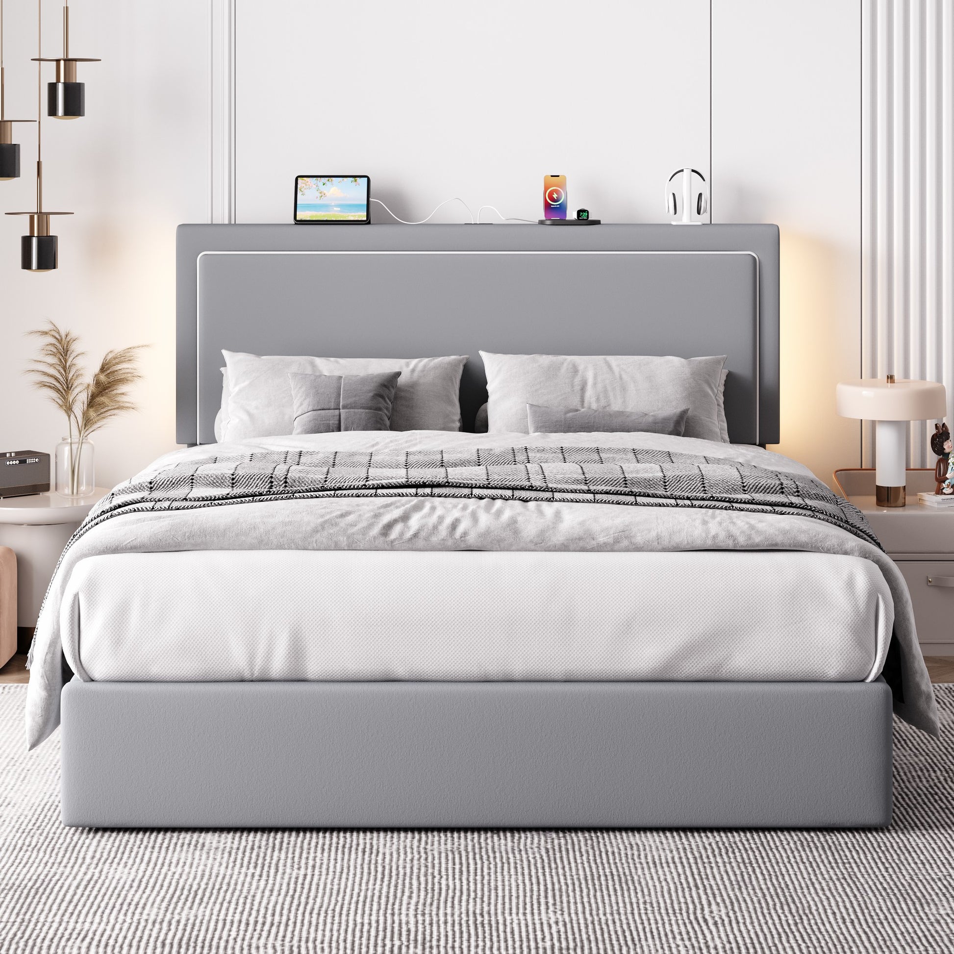 Einfach Lift Up Hydraulic Bed Frame, Upholstered Velvet Storage Headboard Platform Bed with LED Light and Built-in Charging Station