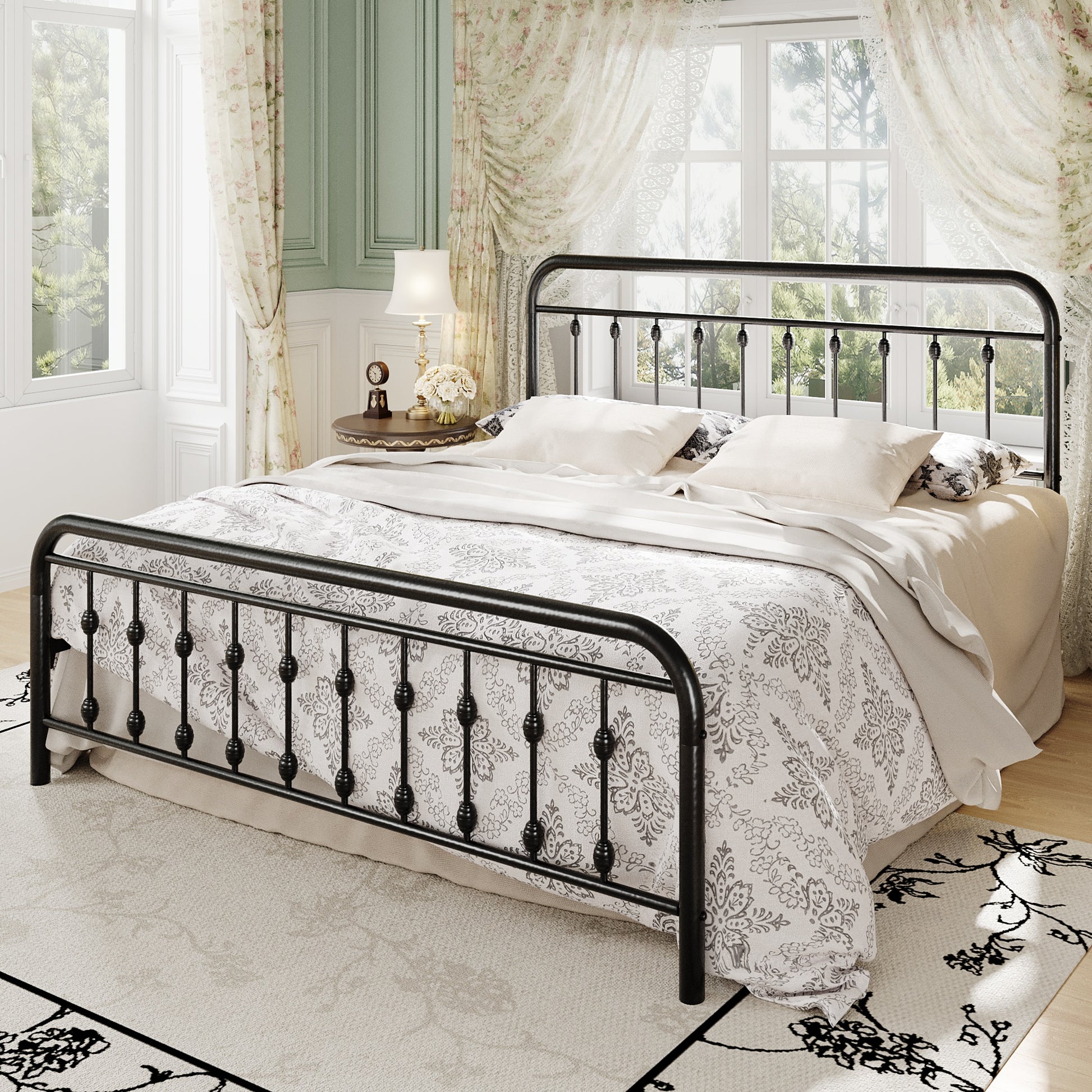 Einfach Bed Frame, Metal Platform Bed with Vintage Headboard, No Box Spring Needed, Heavy Duty