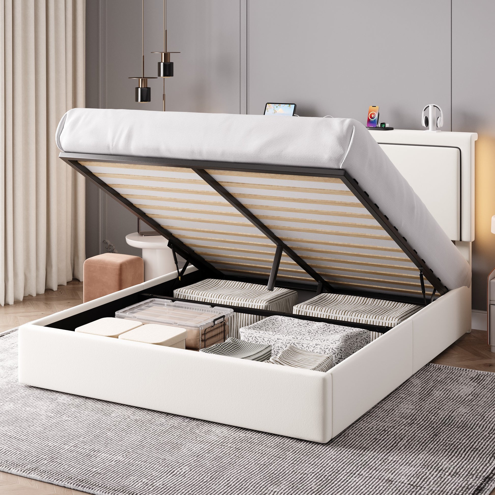 Einfach Lift Up Hydraulic Bed Frame, Upholstered Velvet Storage Headboard Platform Bed with LED Light and Built-in Charging Station