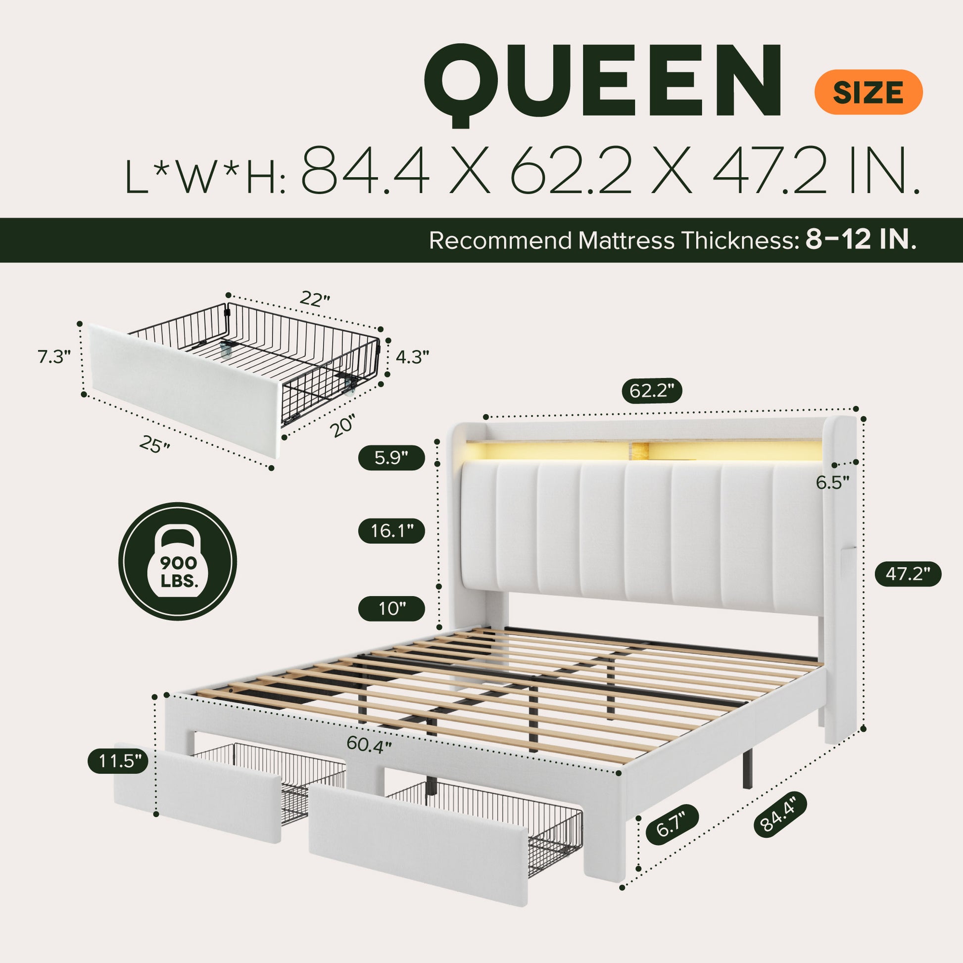 Einfach Bed Frame, Storage Bed with Built-In Charging Station, Velvet Upholstered Wingback Headboard