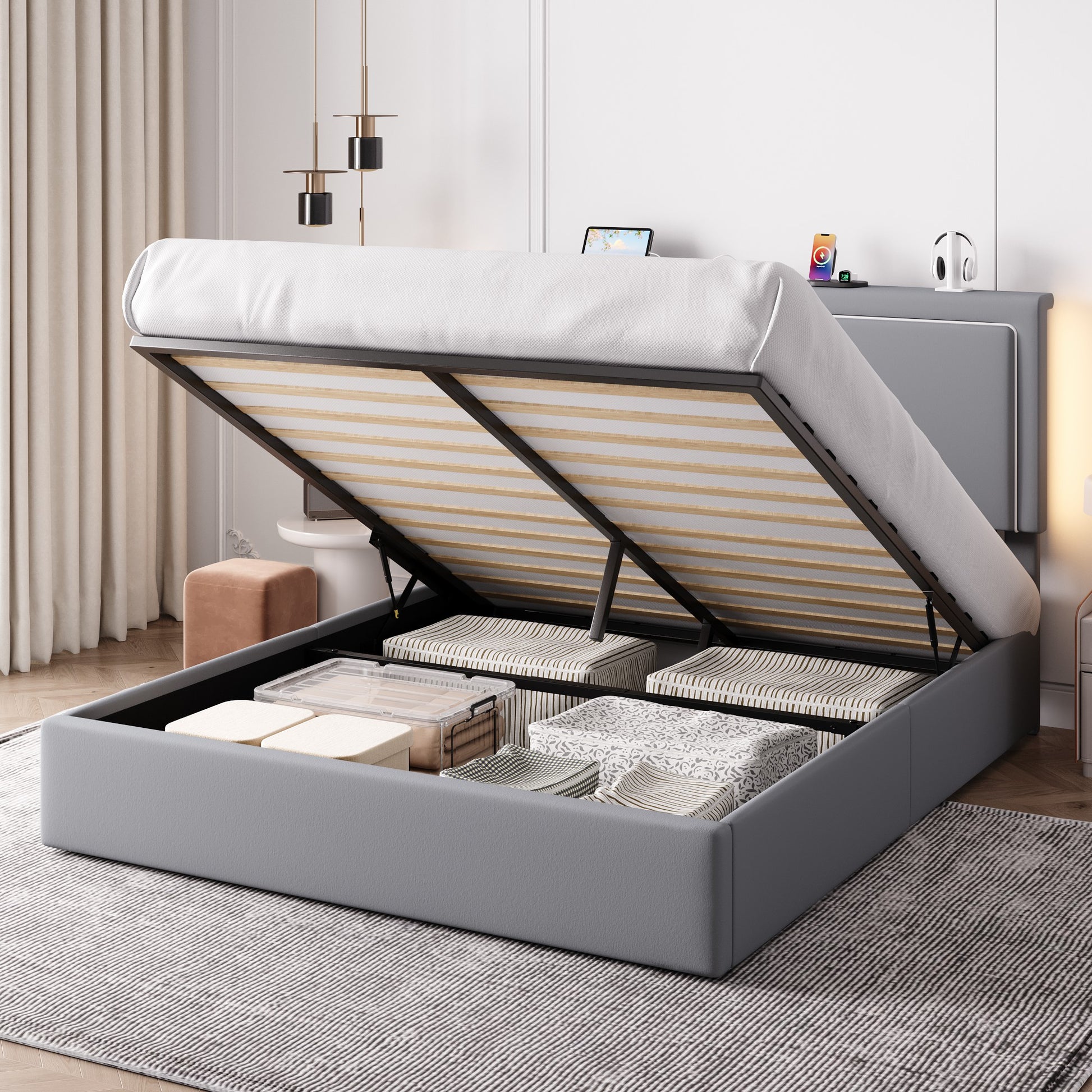 Einfach Lift Up Hydraulic Bed Frame, Upholstered Velvet Storage Headboard Platform Bed with LED Light and Built-in Charging Station