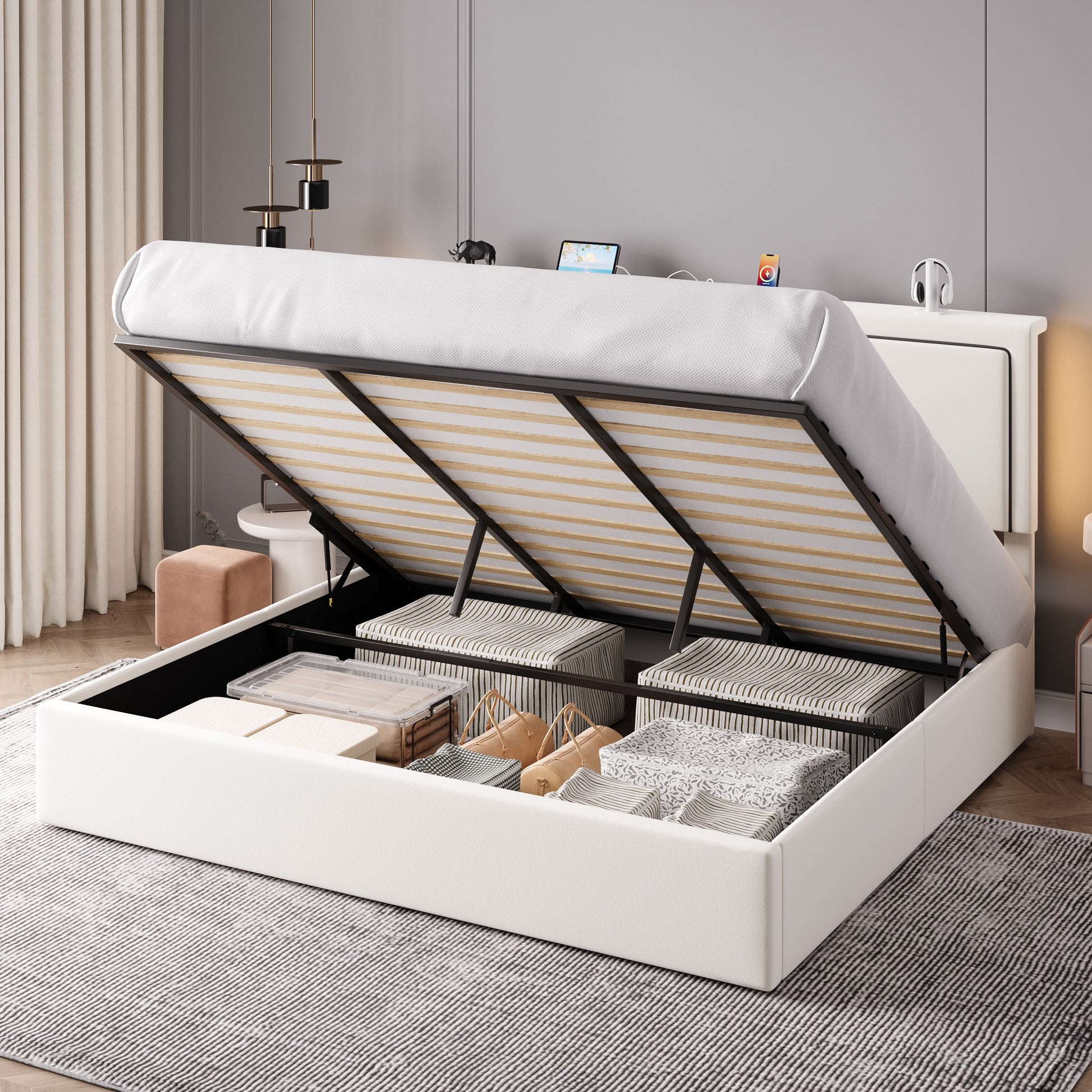 Einfach Lift Up Hydraulic Bed Frame, Upholstered Velvet Storage Headboard Platform Bed with LED Light and Built-in Charging Station