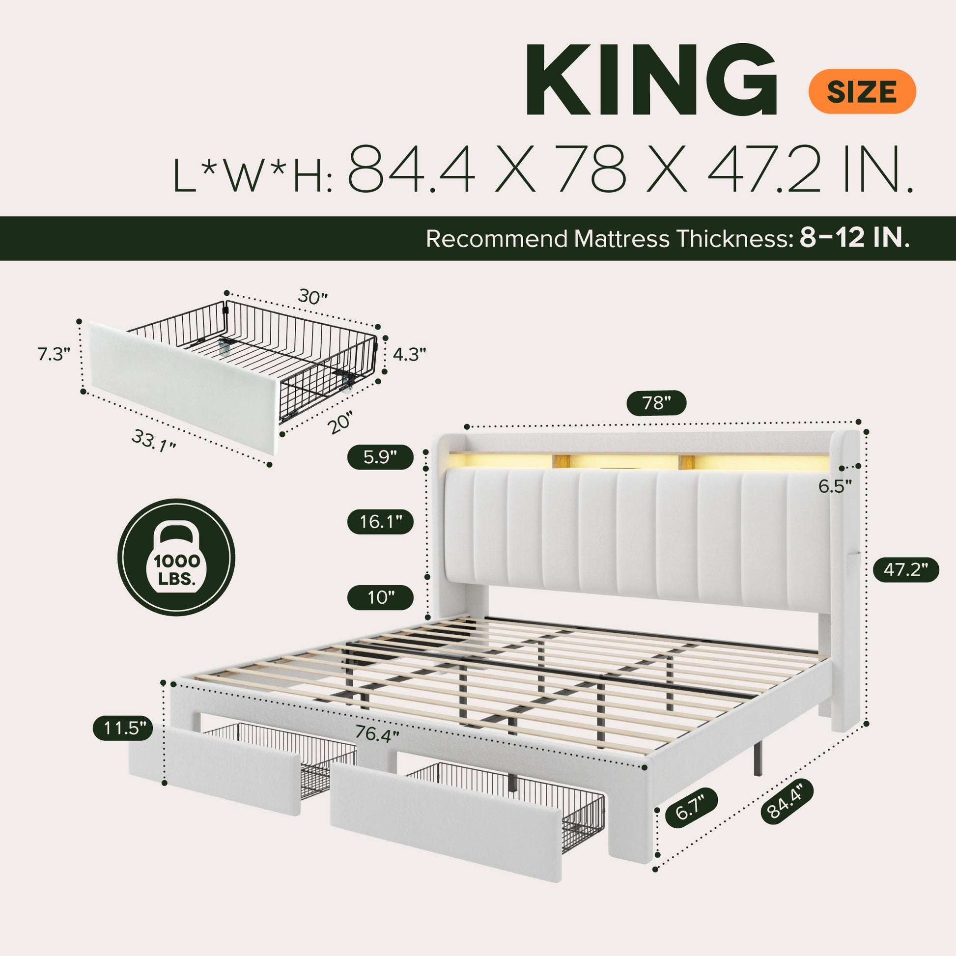 Einfach Bed Frame, Storage Bed with Built-In Charging Station, Velvet Upholstered Wingback Headboard