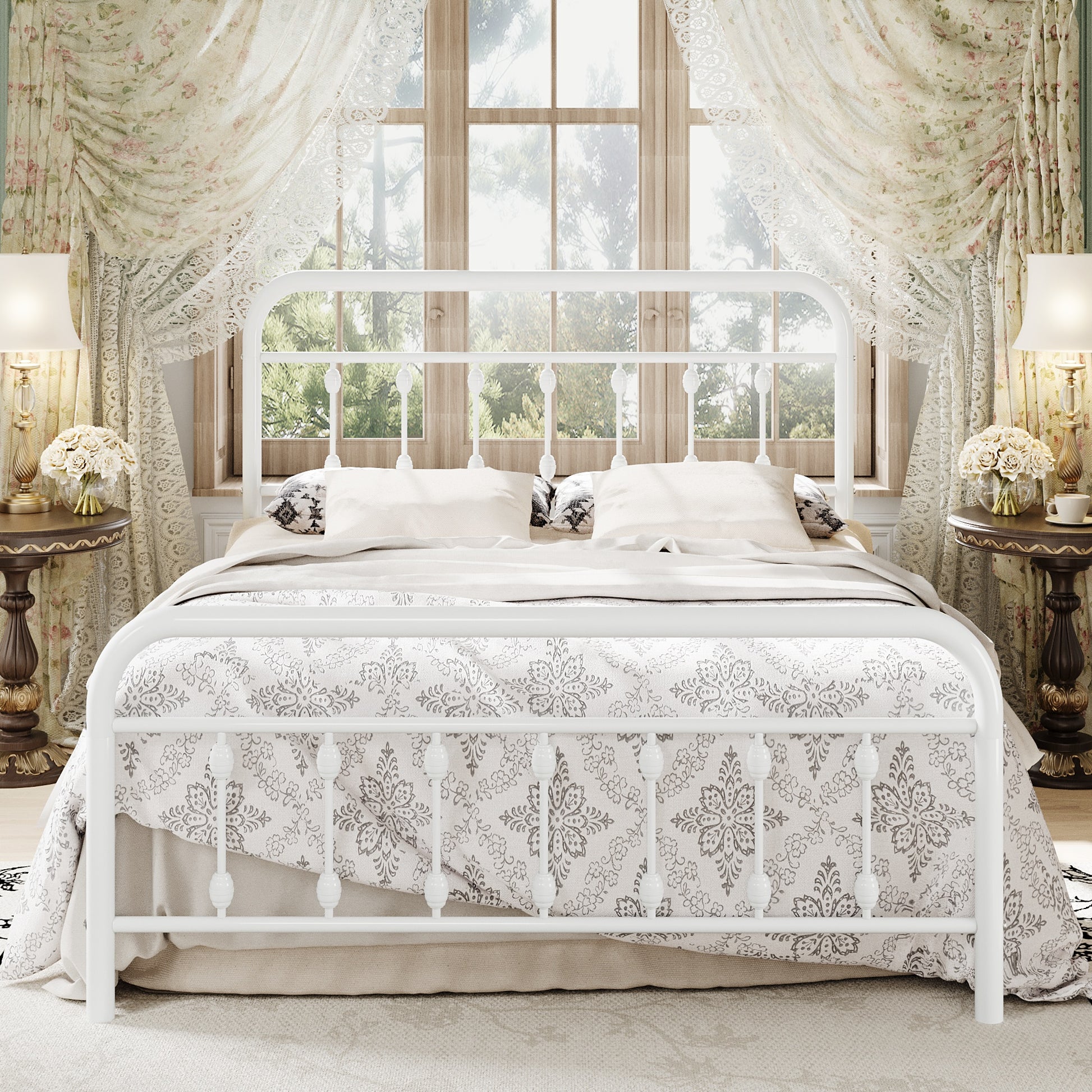 Einfach Bed Frame, Metal Platform Bed with Vintage Headboard, No Box Spring Needed, Heavy Duty