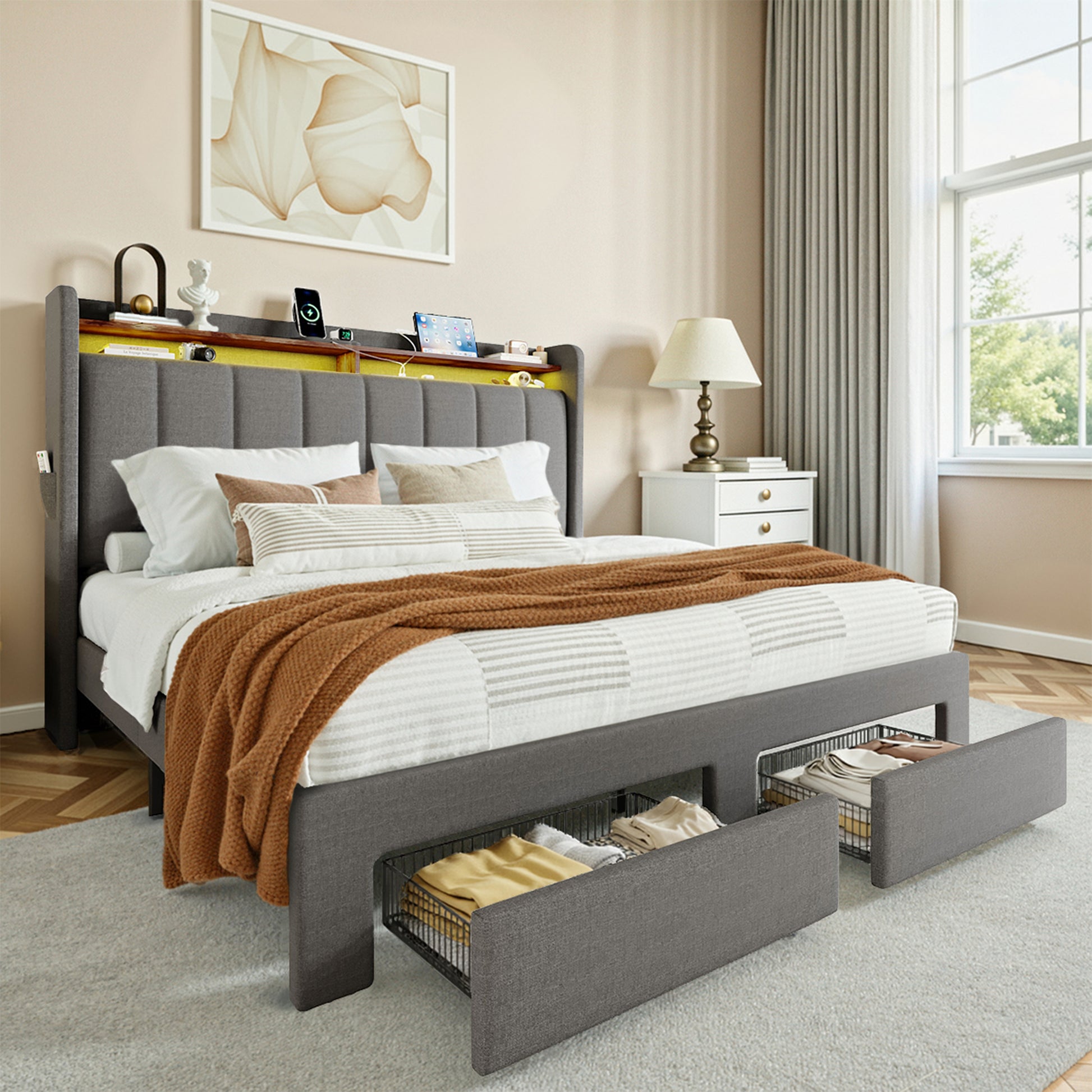 Einfach Bed Frame, Storage Bed with Built-In Charging Station, Velvet Upholstered Wingback Headboard