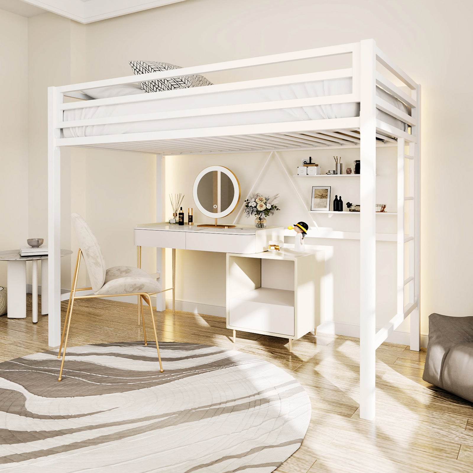 Einfach Metal Twin Size Loft Bed with Full-Length Guardrail & Removable Ladder