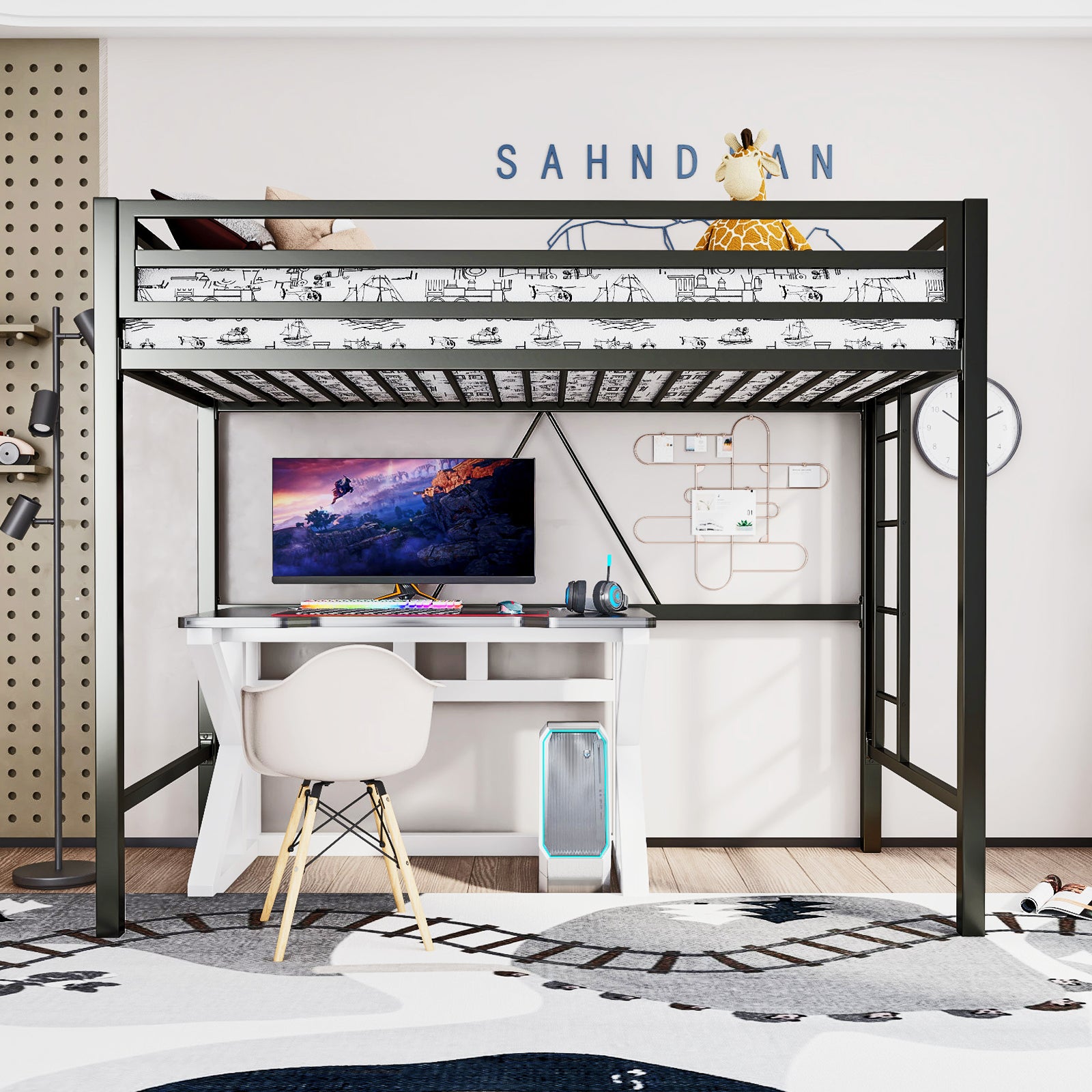 Einfach Metal Twin Size Loft Bed with Full-Length Guardrail & Removable Ladder