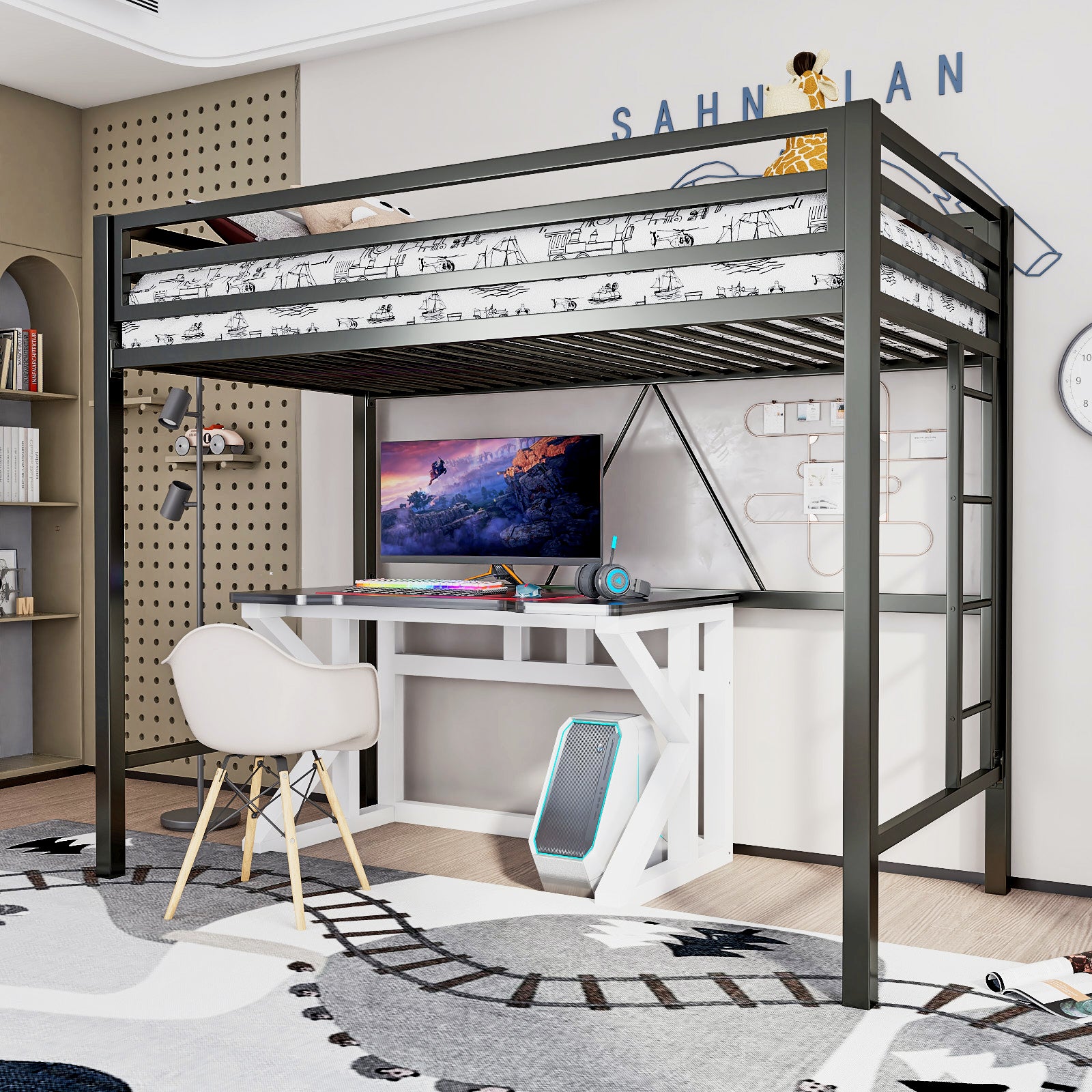 Einfach Metal Twin Size Loft Bed with Full-Length Guardrail & Removable Ladder