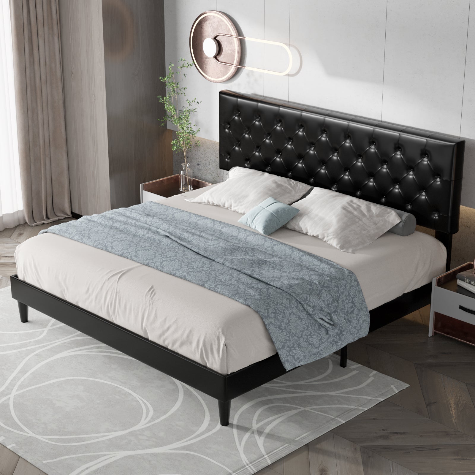 Einfach Faux Leather Platform Bed Frame with Diamond Button-tufted Headboard