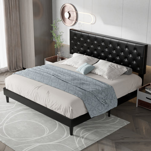 Einfach Faux Leather Platform Bed Frame with Diamond Button-tufted Headboard