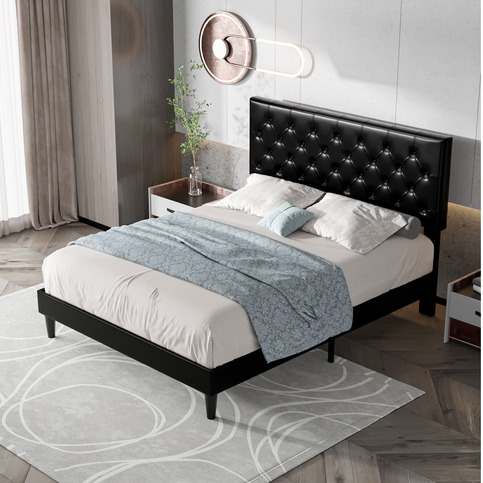 Einfach Faux Leather Platform Bed Frame with Diamond Button-tufted Headboard