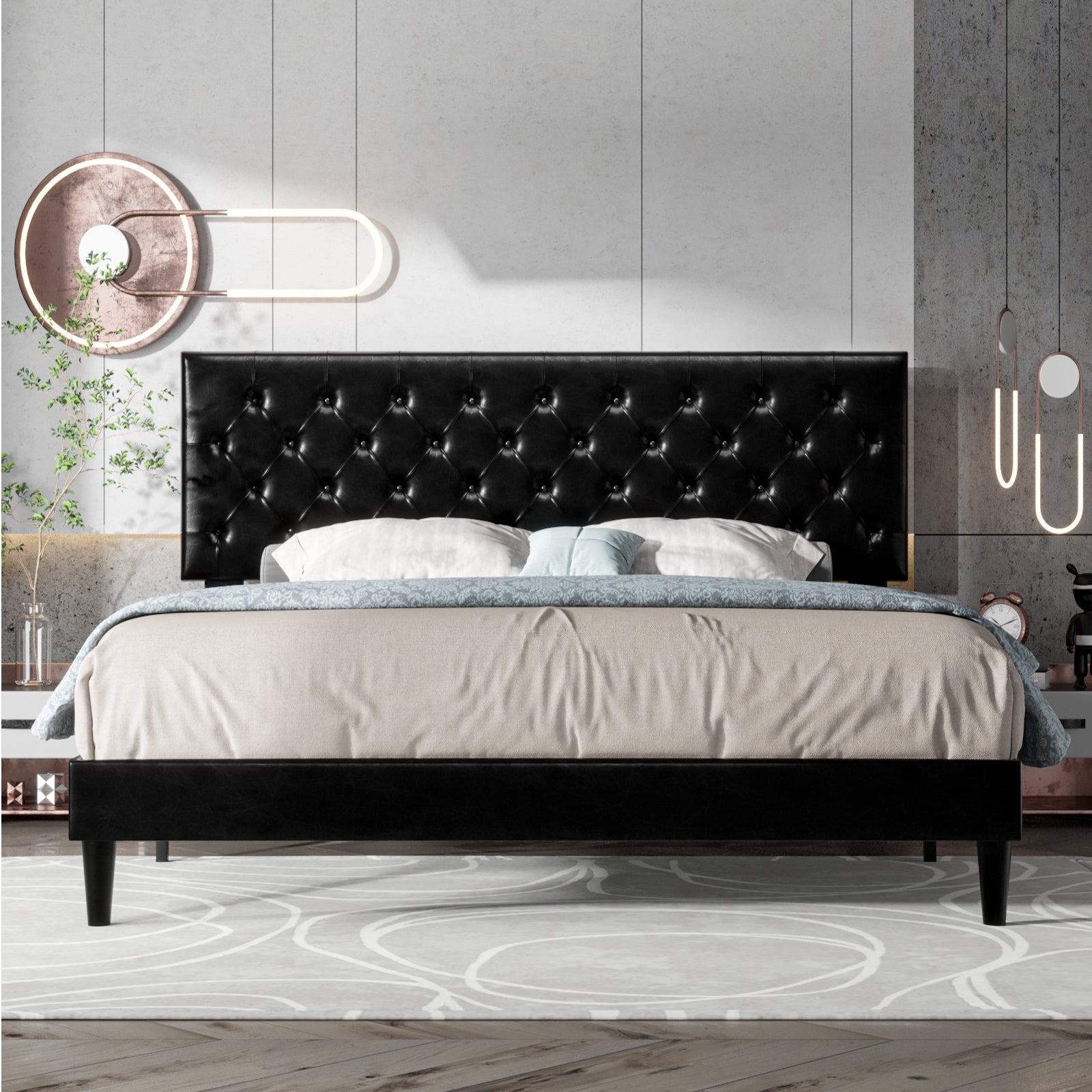 Einfach Faux Leather Platform Bed Frame with Diamond Button-tufted Headboard