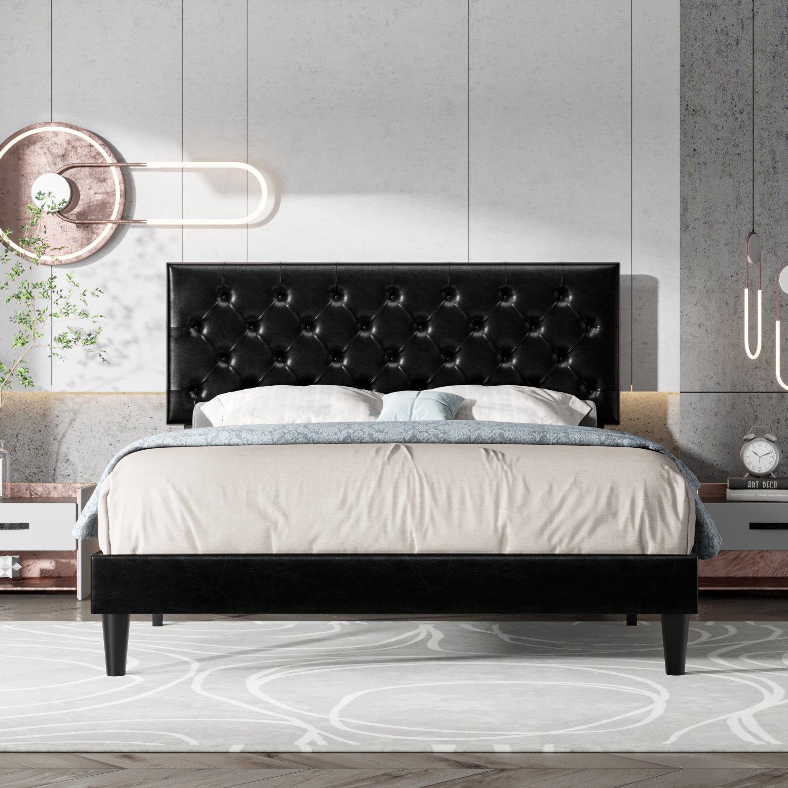 Einfach Faux Leather Platform Bed Frame with Diamond Button-tufted Headboard