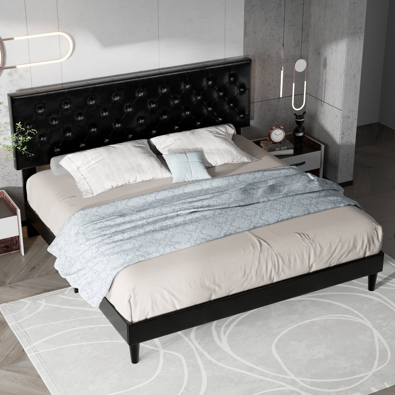 Einfach Faux Leather Platform Bed Frame with Diamond Button-tufted Headboard
