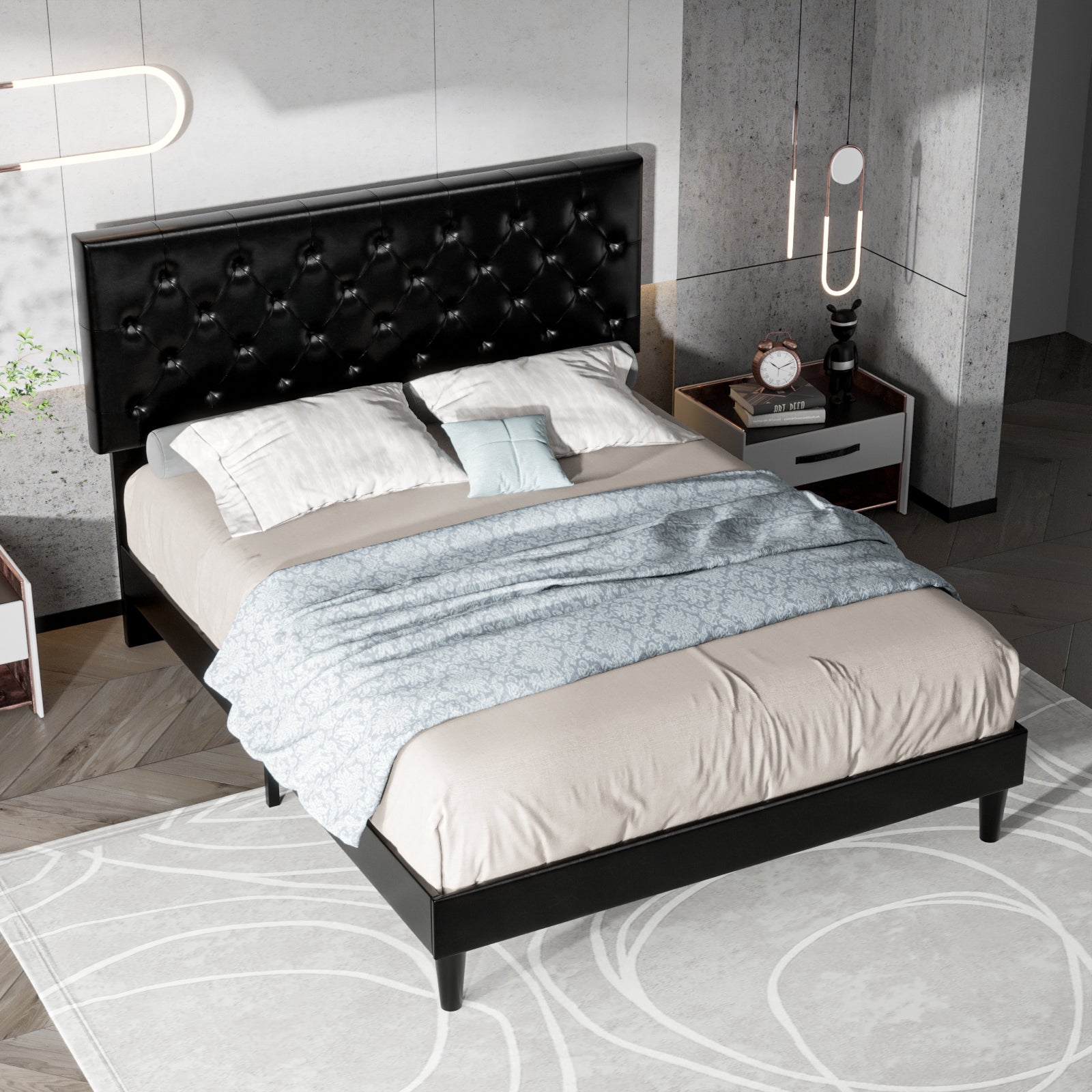 Einfach Faux Leather Platform Bed Frame with Diamond Button-tufted Headboard