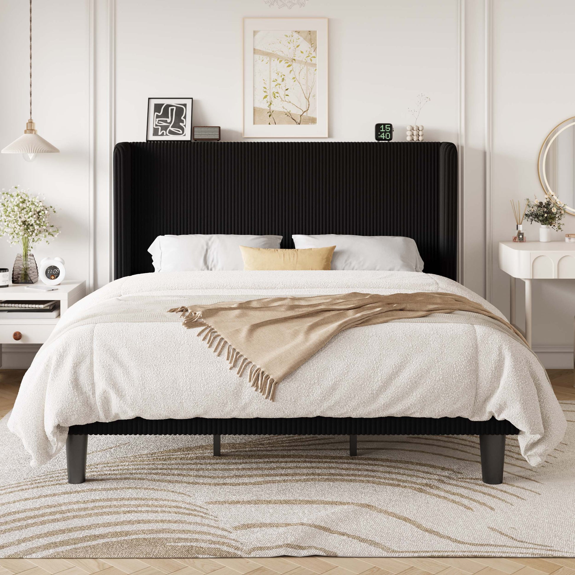 Einfach Luxury Channel-Tufted Corduroy Velvet Platform Bed Frame with Wingback Headboard