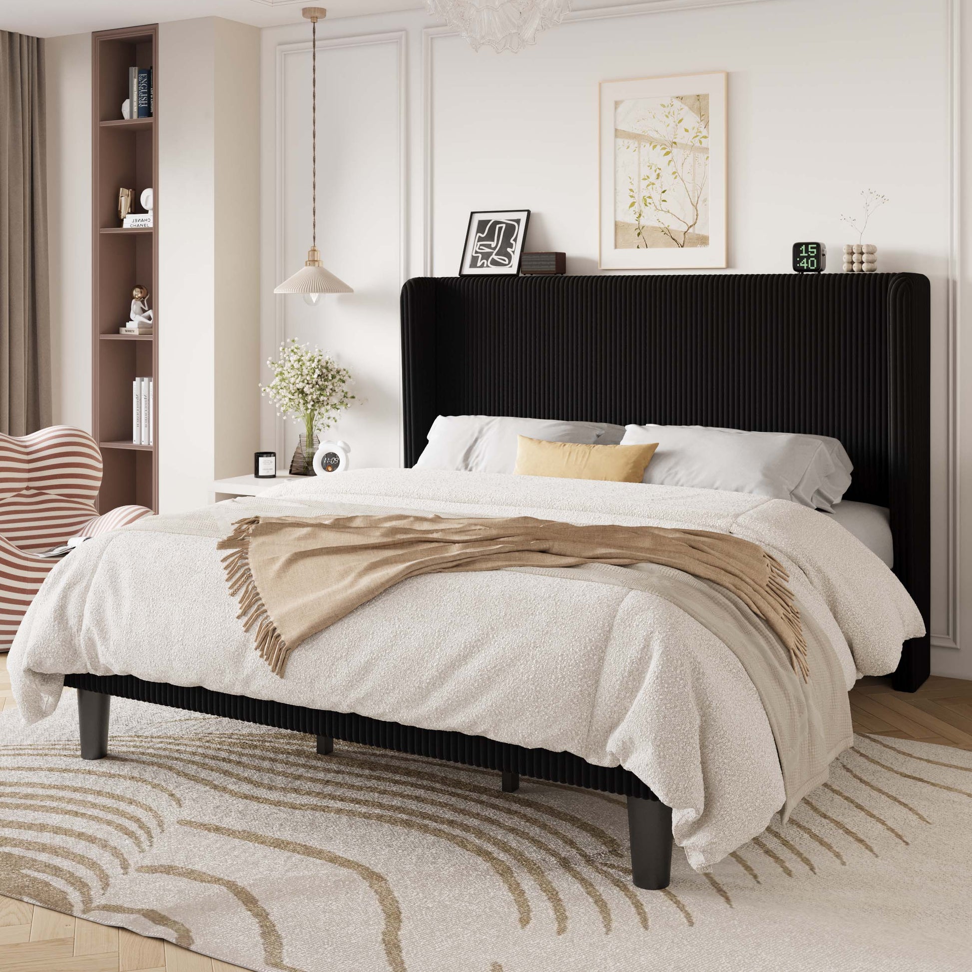 Einfach Luxury Channel-Tufted Corduroy Velvet Platform Bed Frame with Wingback Headboard