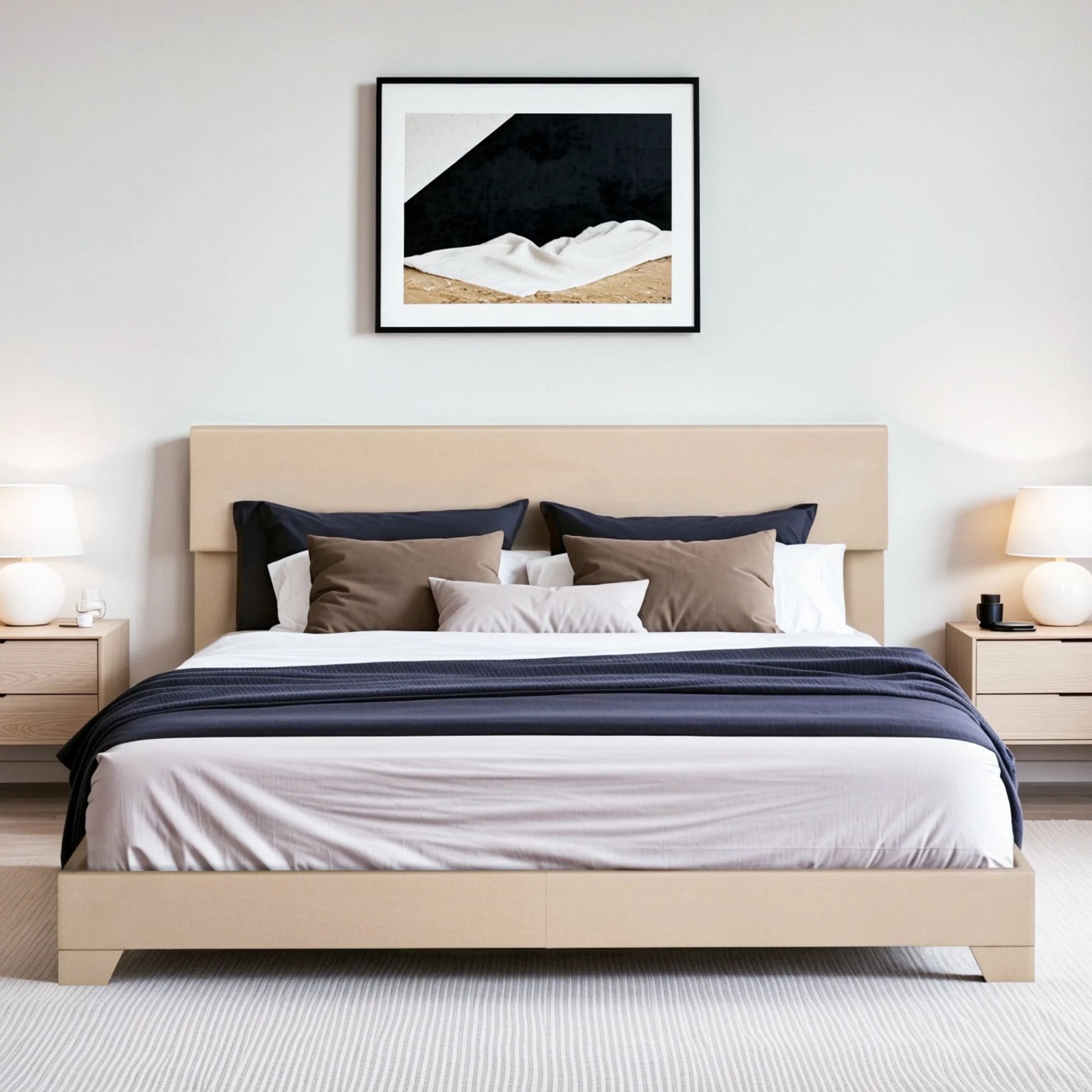 Einfach Leather Upholstered Bed Frame with Adjustable Headboard, No Box Spring Needed, Low