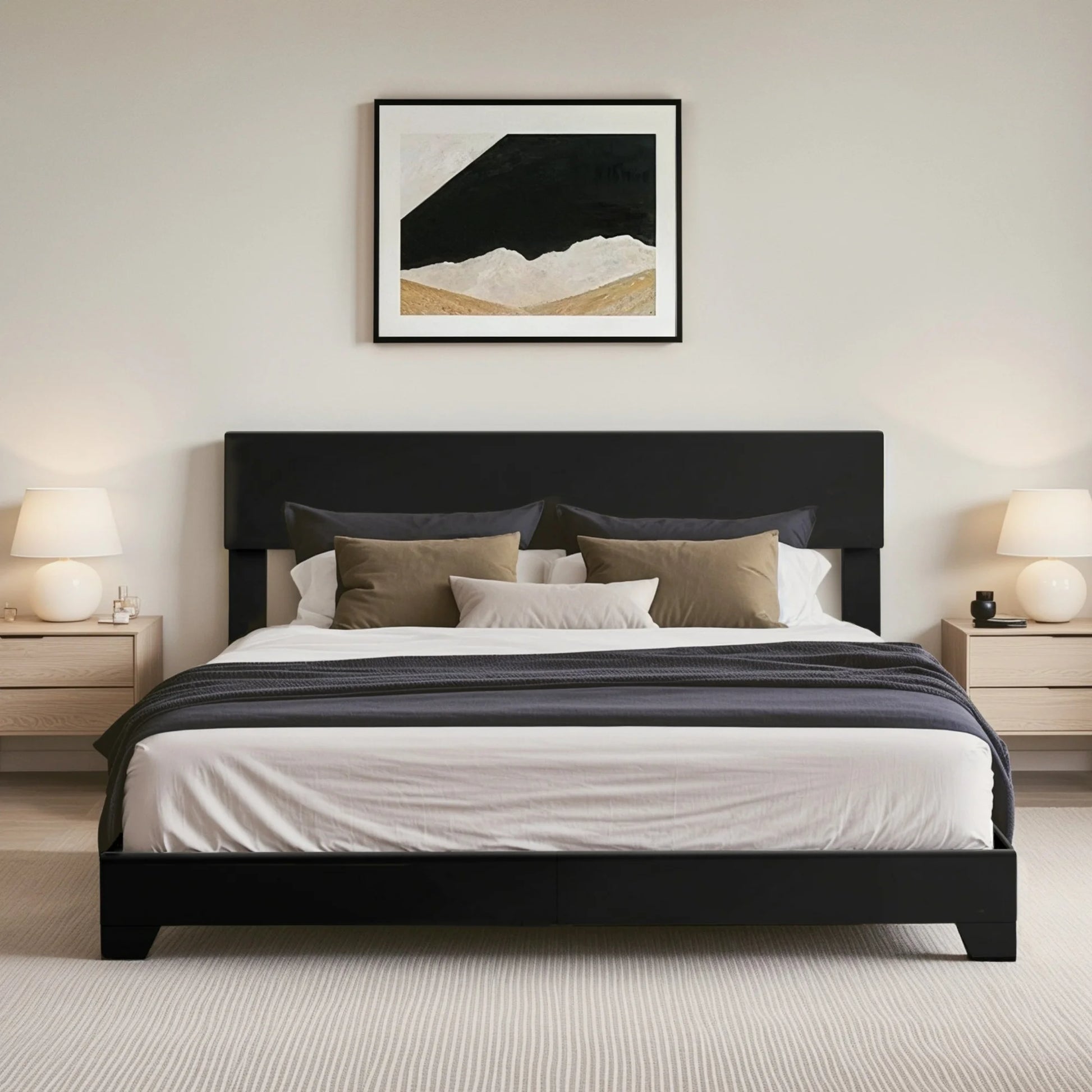 Einfach Leather Upholstered Bed Frame with Adjustable Headboard, No Box Spring Needed, Low