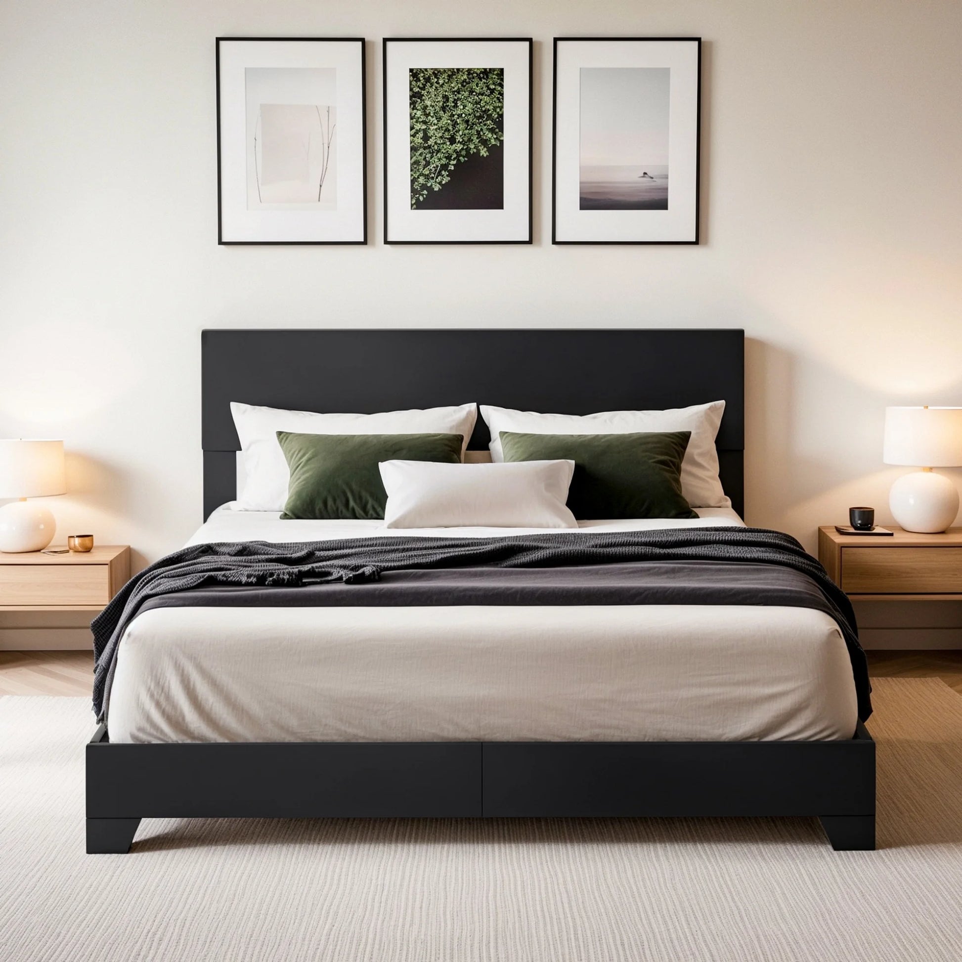 Einfach Leather Upholstered Bed Frame with Adjustable Headboard, No Box Spring Needed, Low