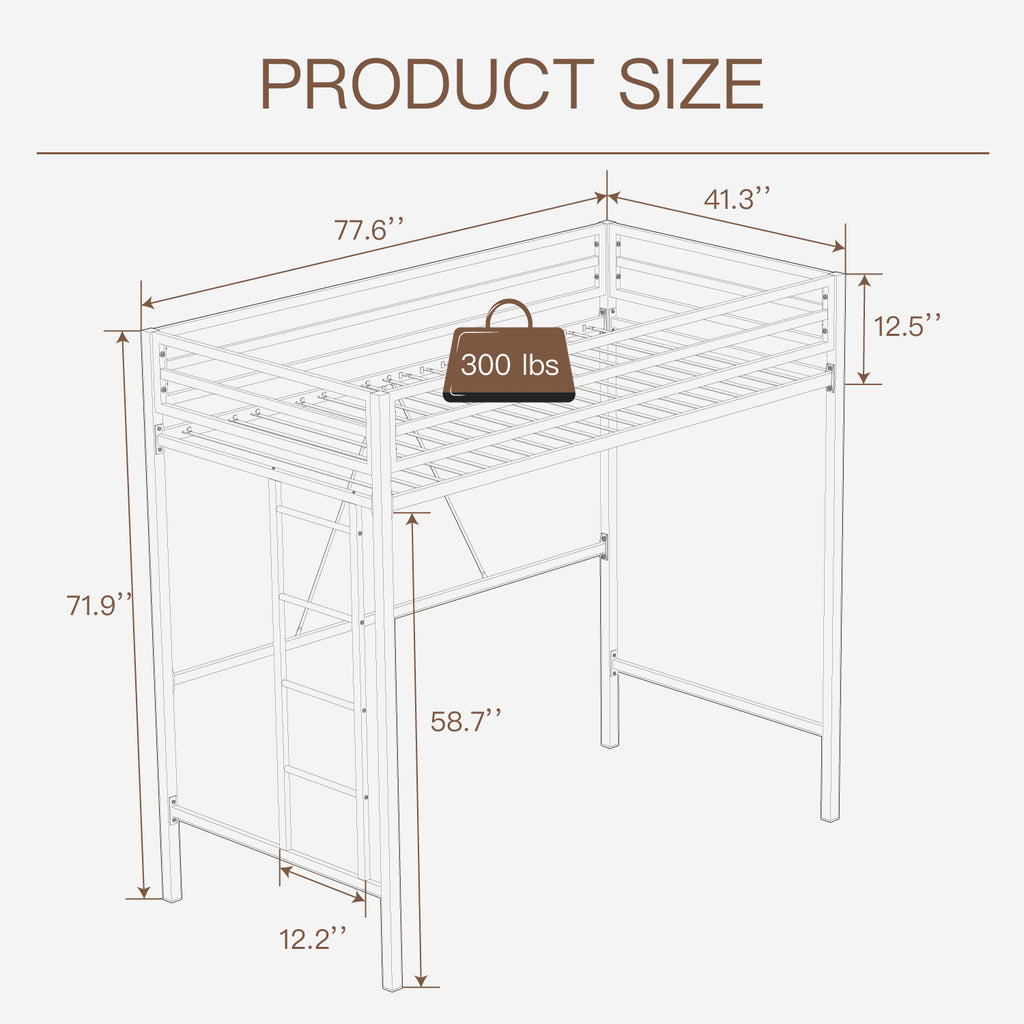 Einfach Metal Twin Size Loft Bed with Full-Length Guardrail & Removable Ladder