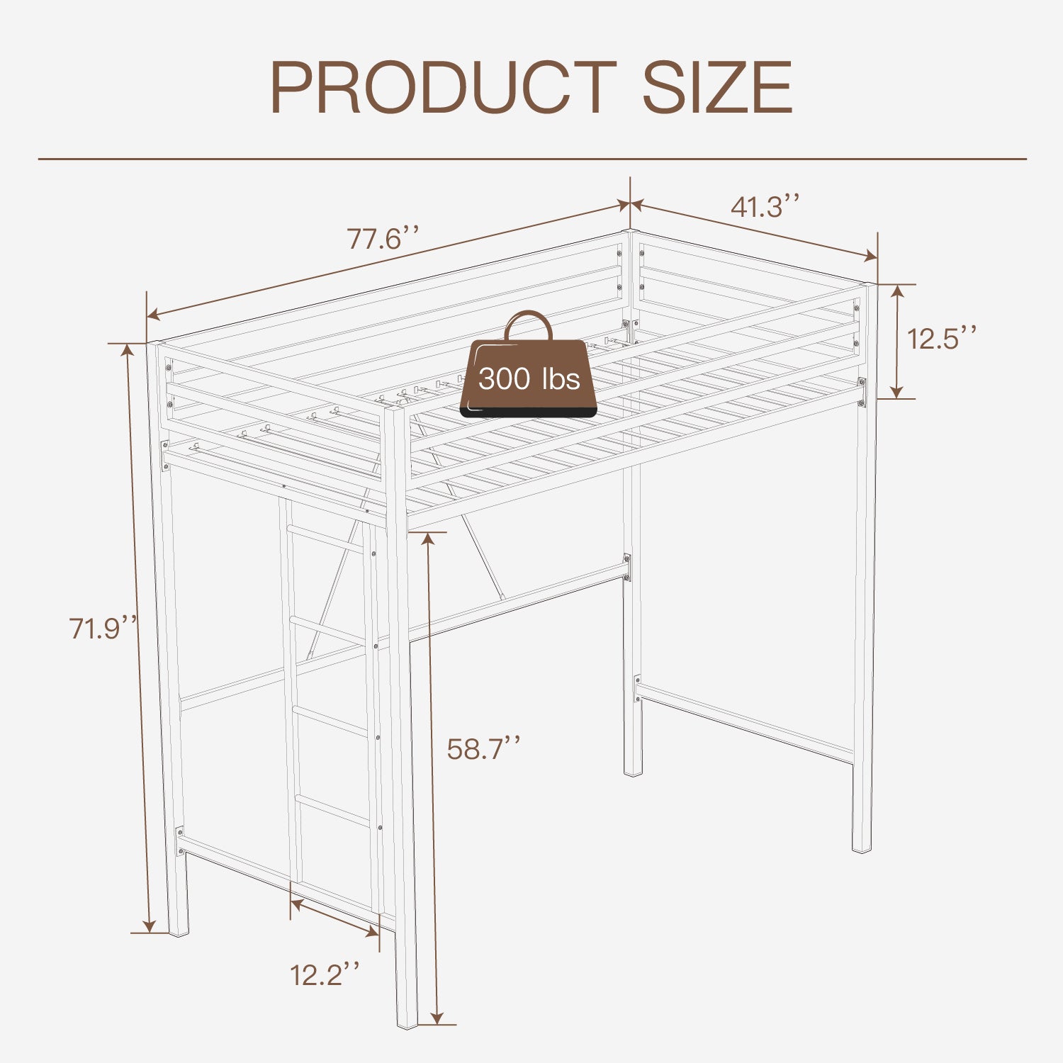 Einfach Metal Twin Size Loft Bed with Full-Length Guardrail & Removable Ladder