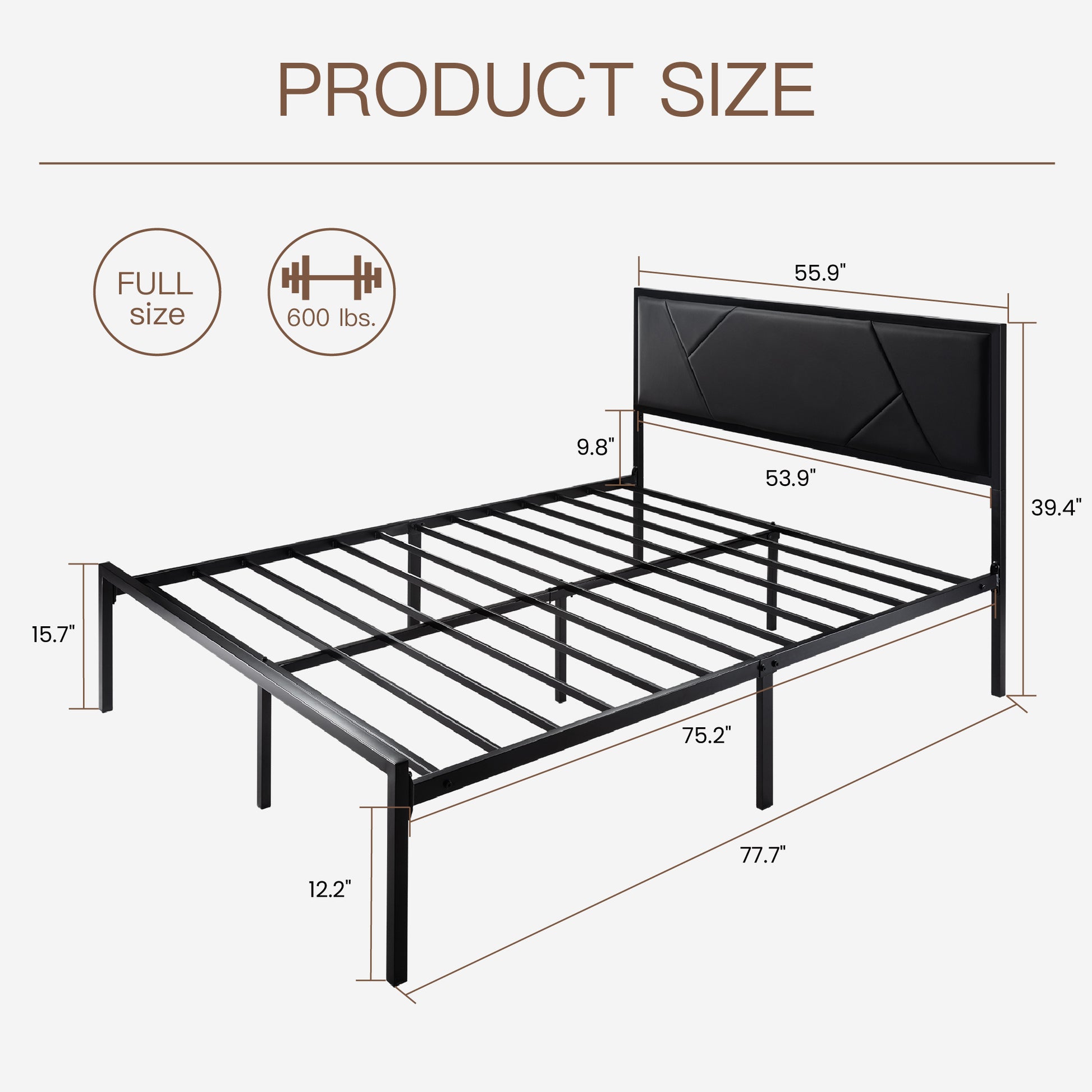 Einfach Bed Frame Geometric Litchi Grain Leather Upholstered Headboard, Black