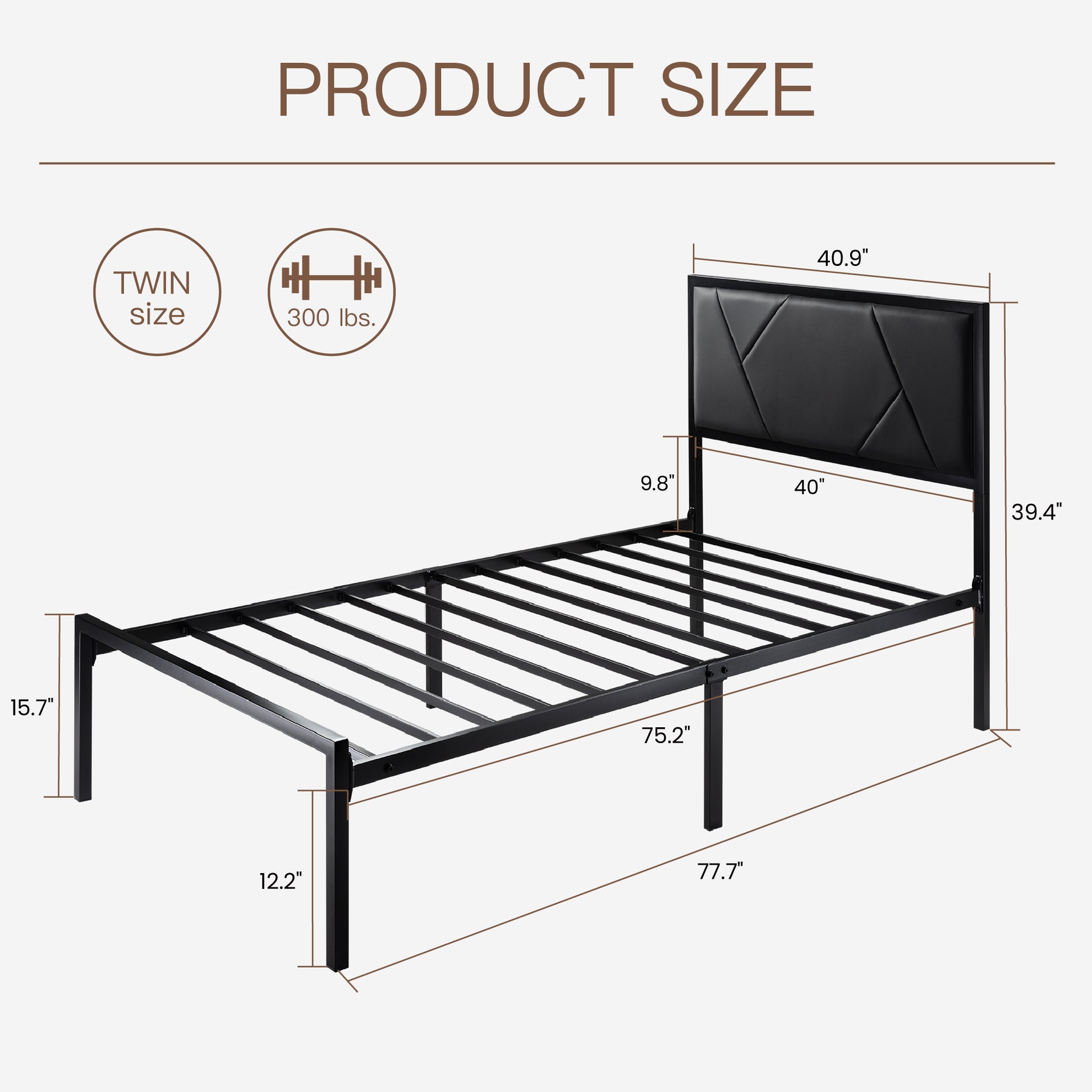 Einfach Bed Frame Geometric Litchi Grain Leather Upholstered Headboard, Black