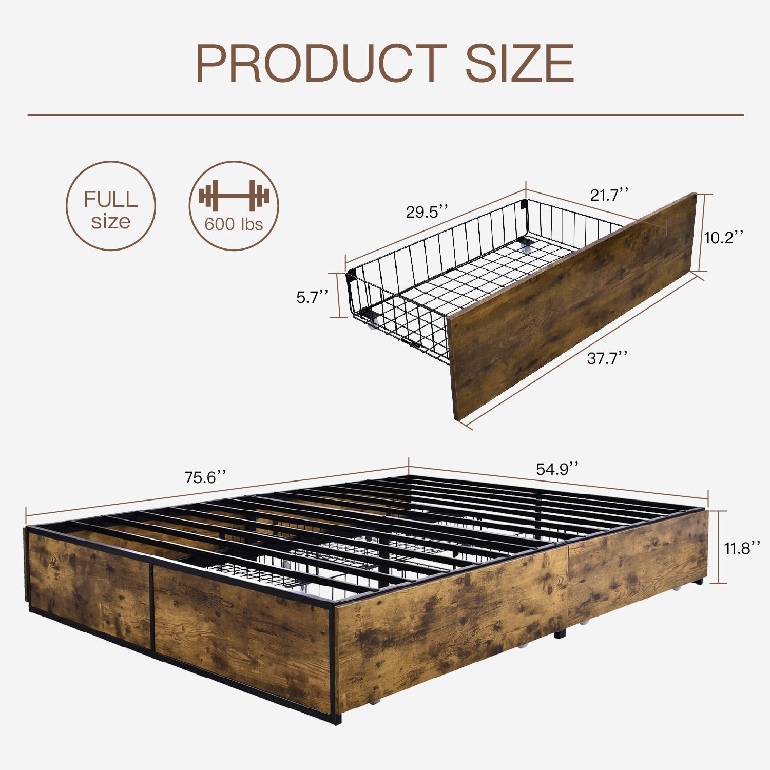 Einfach Platform Bed with 4 XL Drawers, Industrial Design, Brown