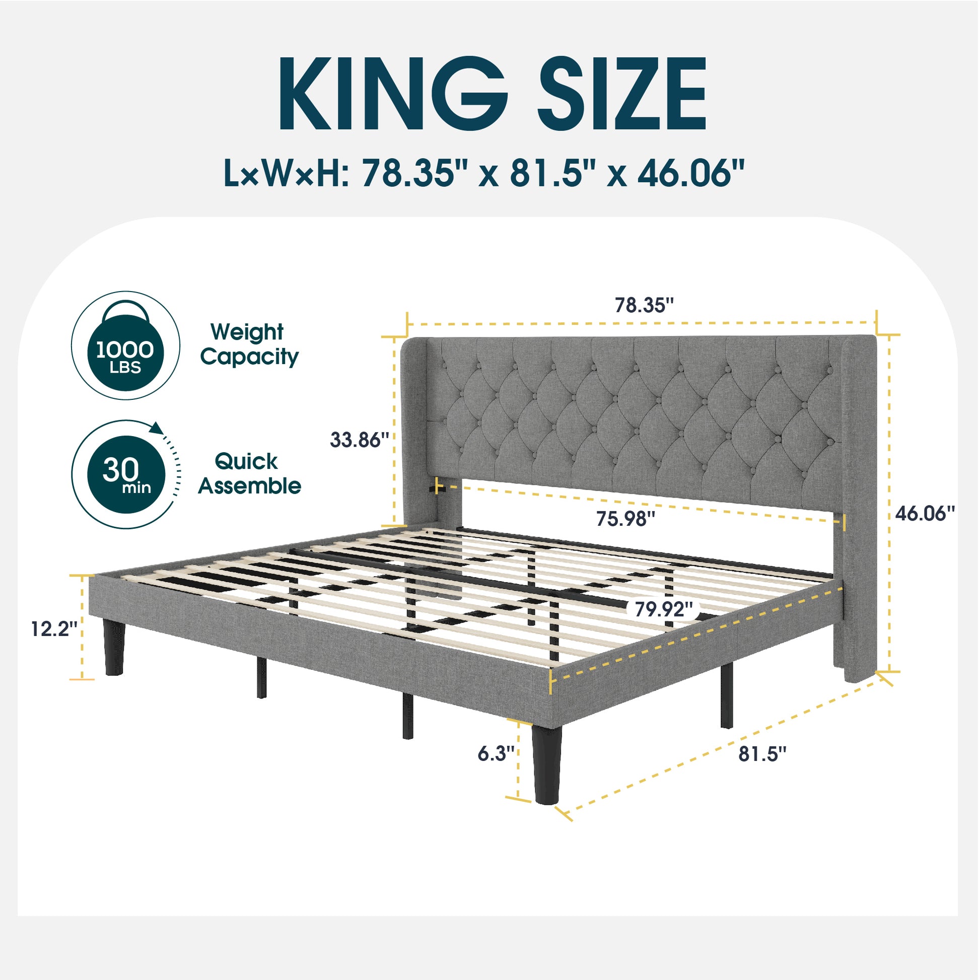 Einfach Upholstered Platform Bed with Classic Button Tufted Headboard, Wingback Design