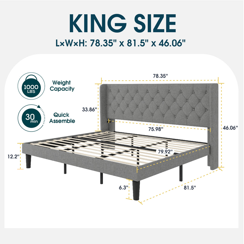 Einfach Upholstered Platform Bed with Classic Button Tufted Headboard, Wingback Design