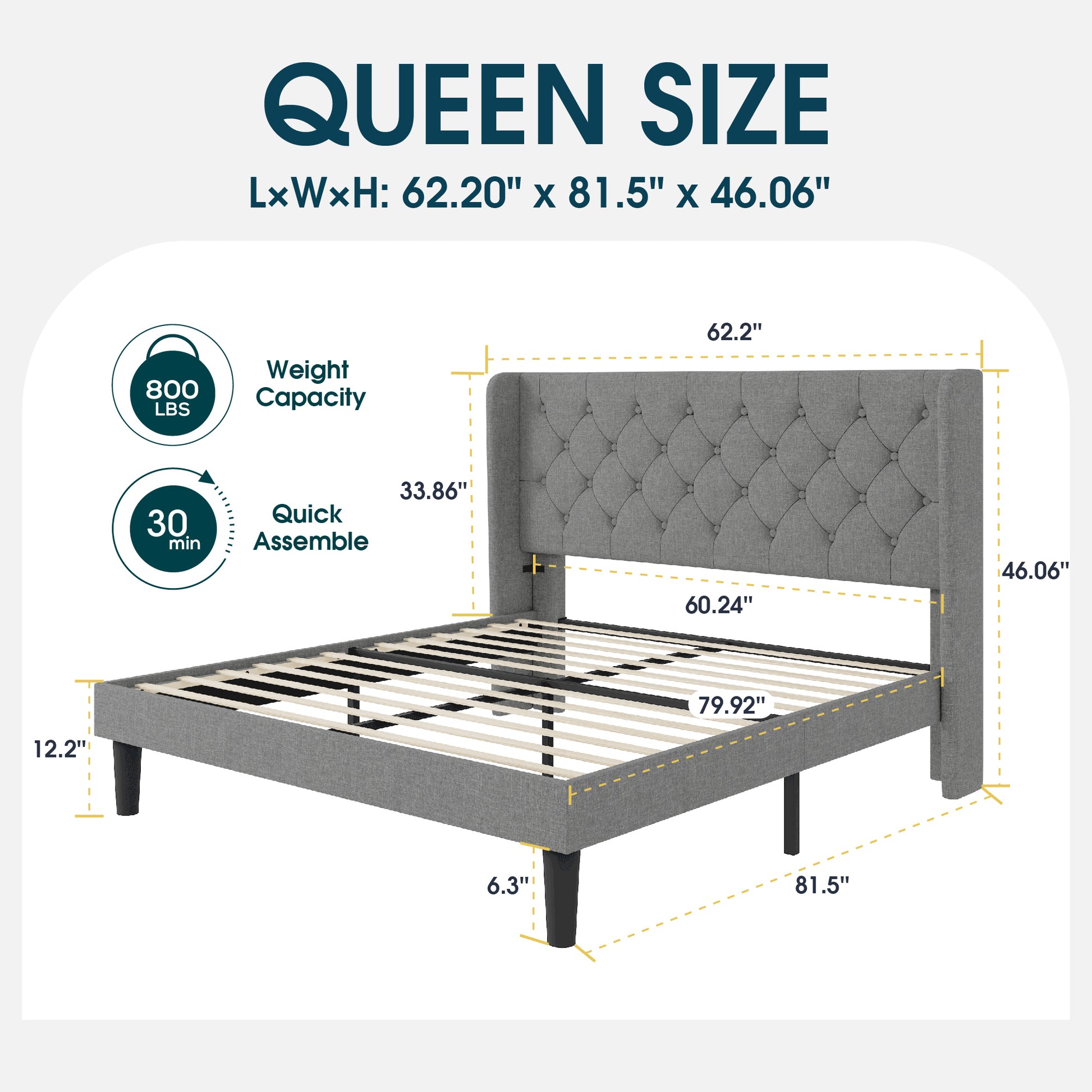 Einfach Upholstered Platform Bed with Classic Button Tufted Headboard, Wingback Design
