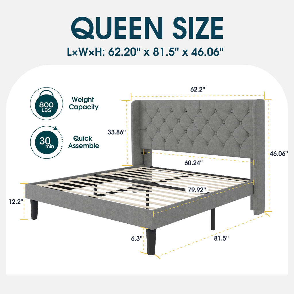 Einfach Upholstered Platform Bed with Classic Button Tufted Headboard, Wingback Design