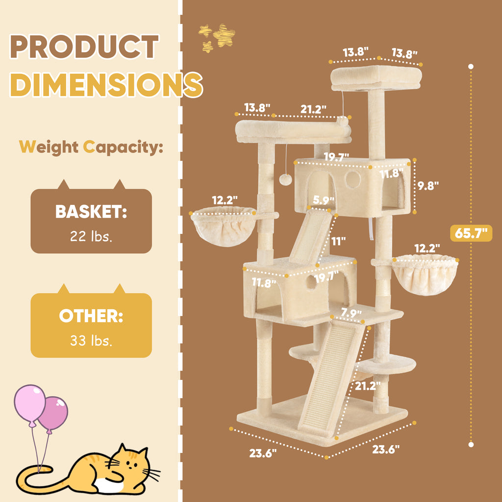 Einfach 65.7" Large Cat Tree and Tower Condo House with Hammock, 2 Scratching Boards & 5 Scratching Posts