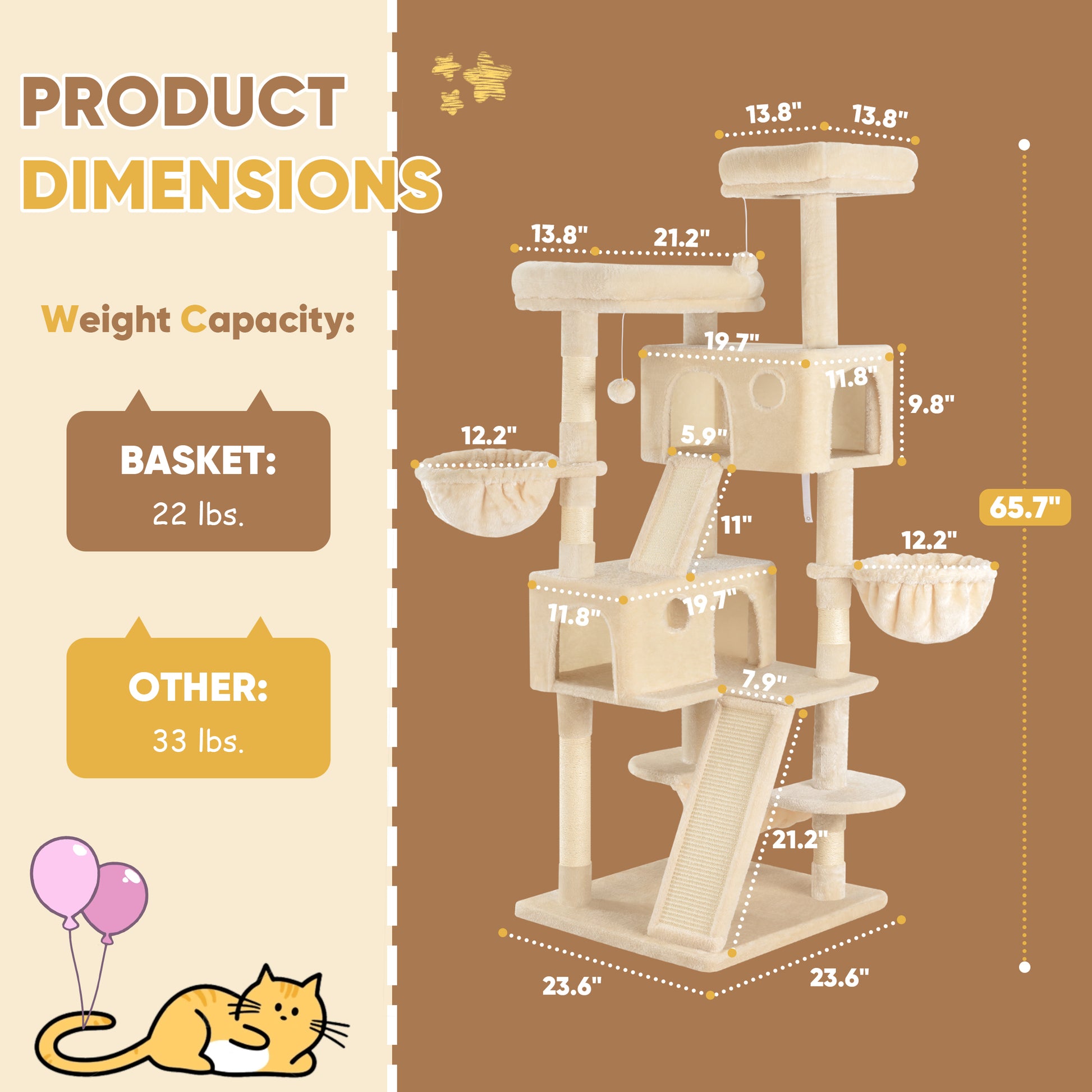 Einfach 65.7" Large Cat Tree and Tower Condo House with Hammock, 2 Scratching Boards & 5 Scratching Posts