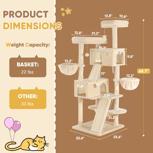 Einfach 65.7" Large Cat Tree and Tower Condo House with Hammock, 2 Scratching Boards & 5 Scratching Posts