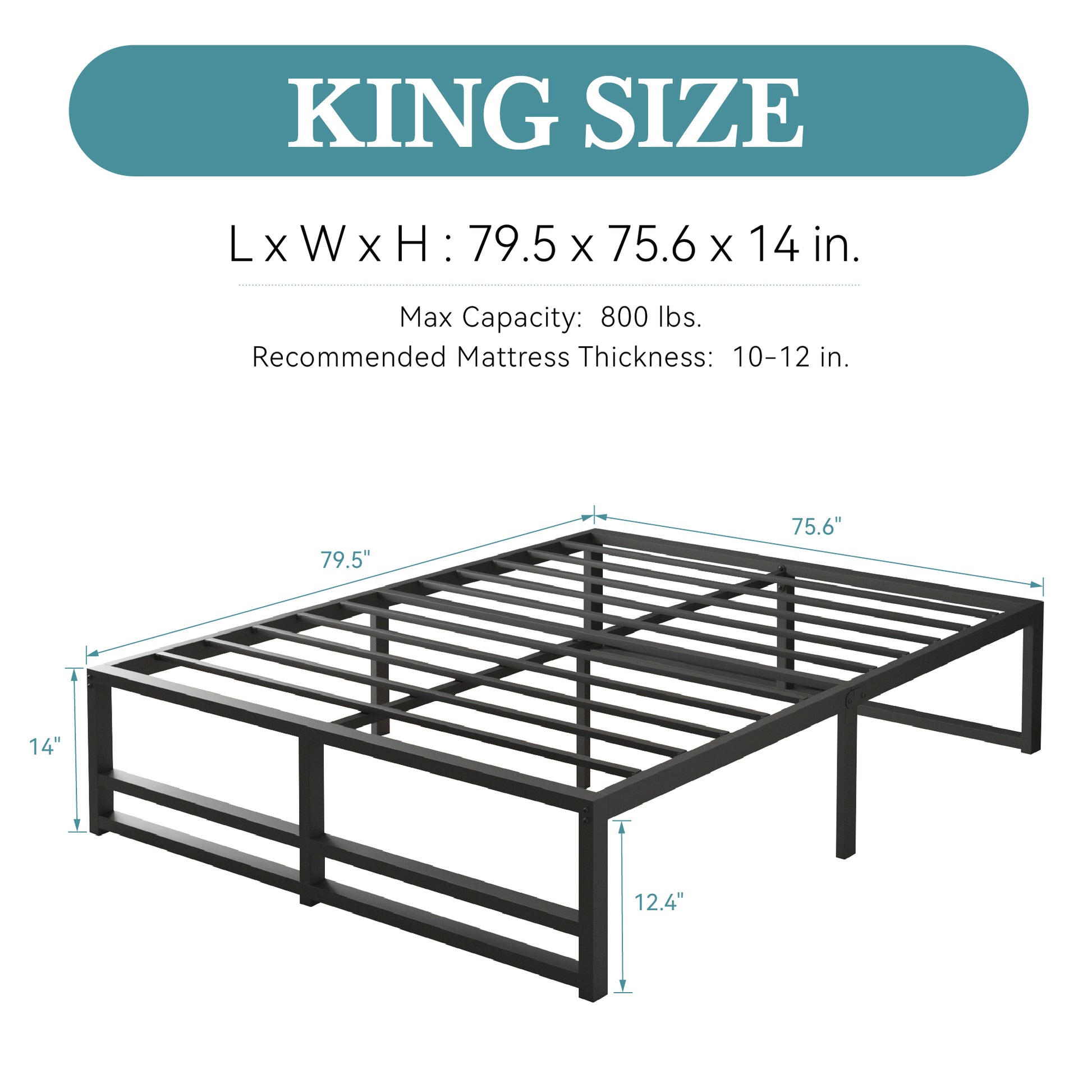 Einfach Heavy Sleet Metal Bed Frame, Storage Space, Black