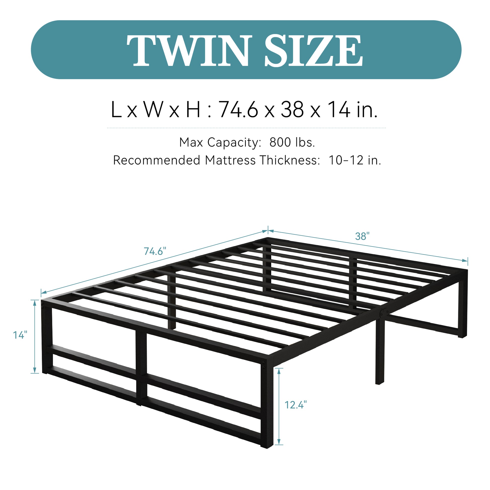 Einfach Heavy Sleet Metal Bed Frame, Storage Space, Black