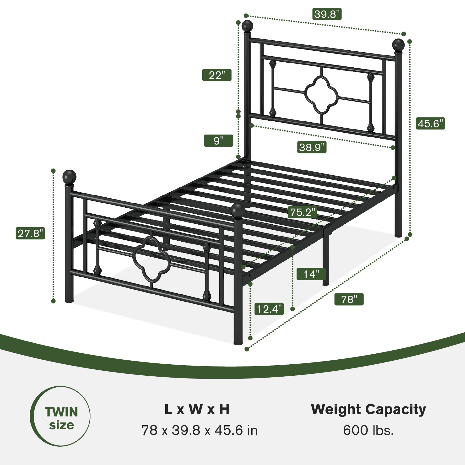 Einfach Heavy Metal Platfrom Bed Frame with Vintage Headboard Pattern