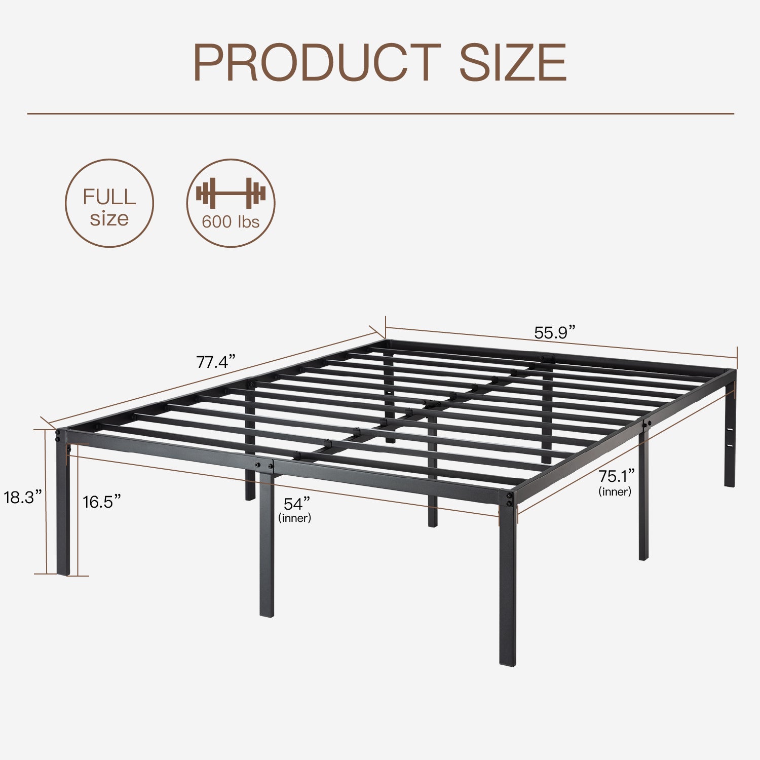 Einfach Platform Bed Frame with Metal Slat Support,16.5'' Under-bed Storage Space, Black