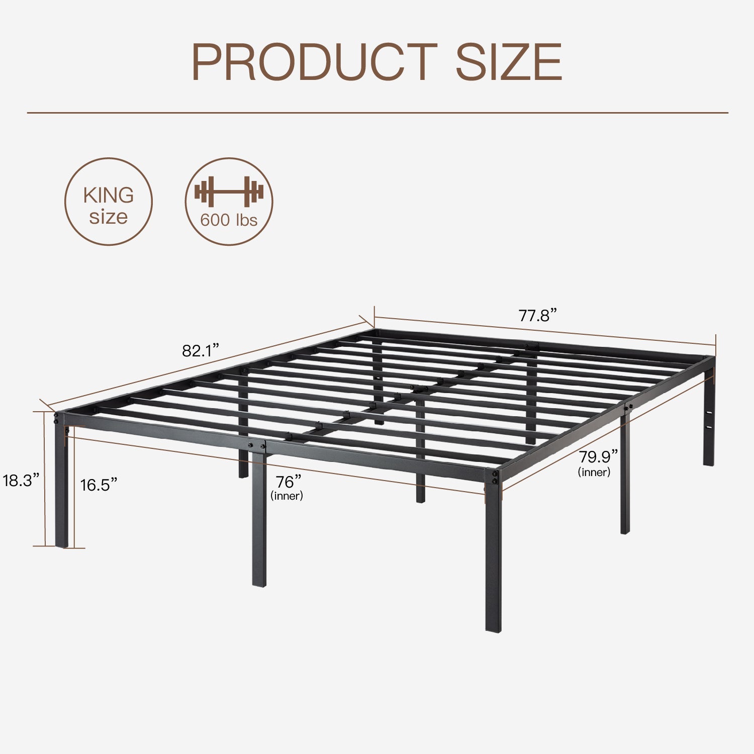 Einfach Platform Bed Frame with Metal Slat Support,16.5'' Under-bed Storage Space, Black