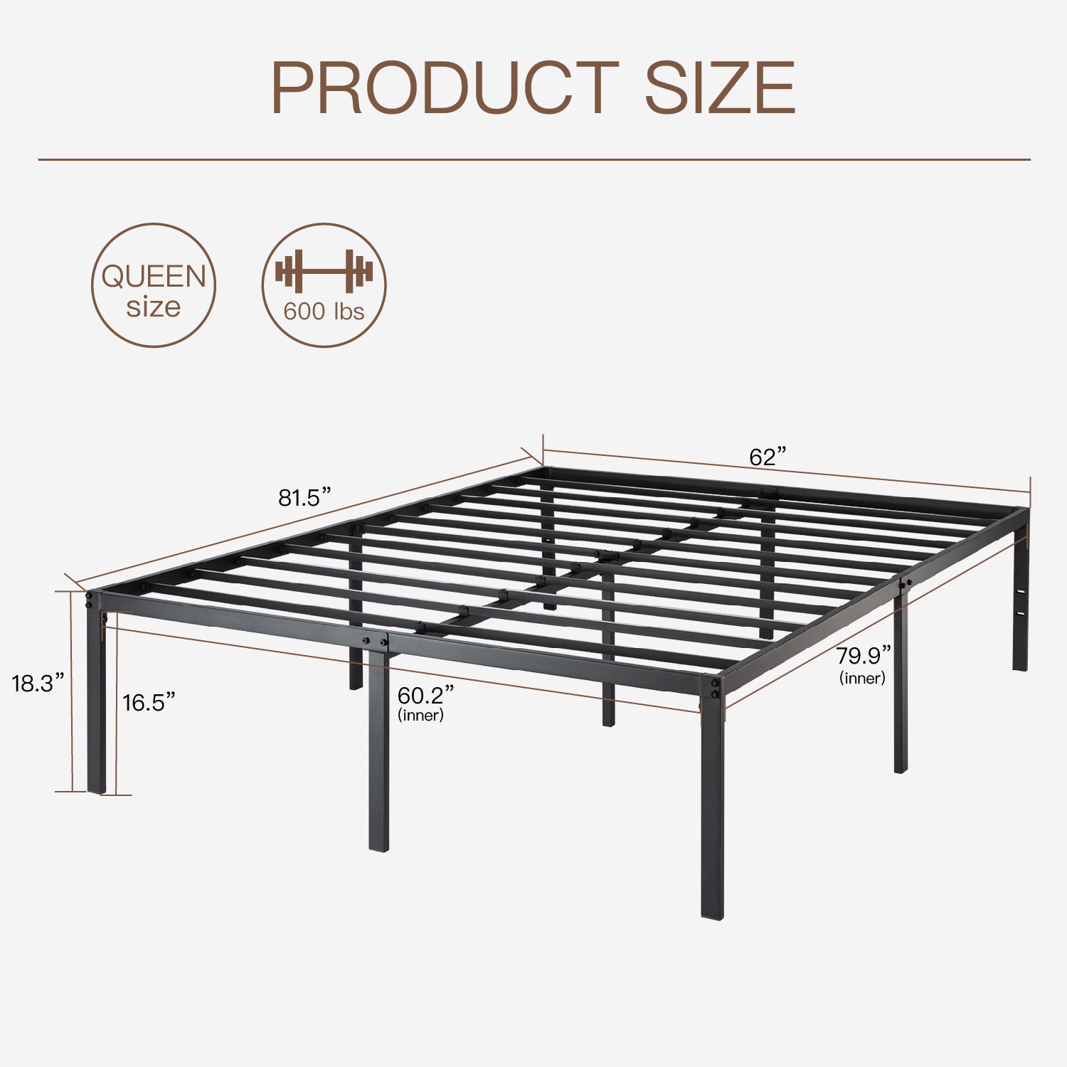 Einfach Platform Bed Frame with Metal Slat Support,16.5'' Under-bed Storage Space, Black