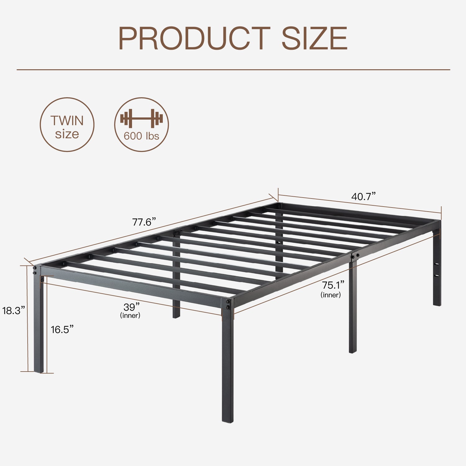 Einfach Platform Bed Frame with Metal Slat Support,16.5'' Under-bed Storage Space, Black