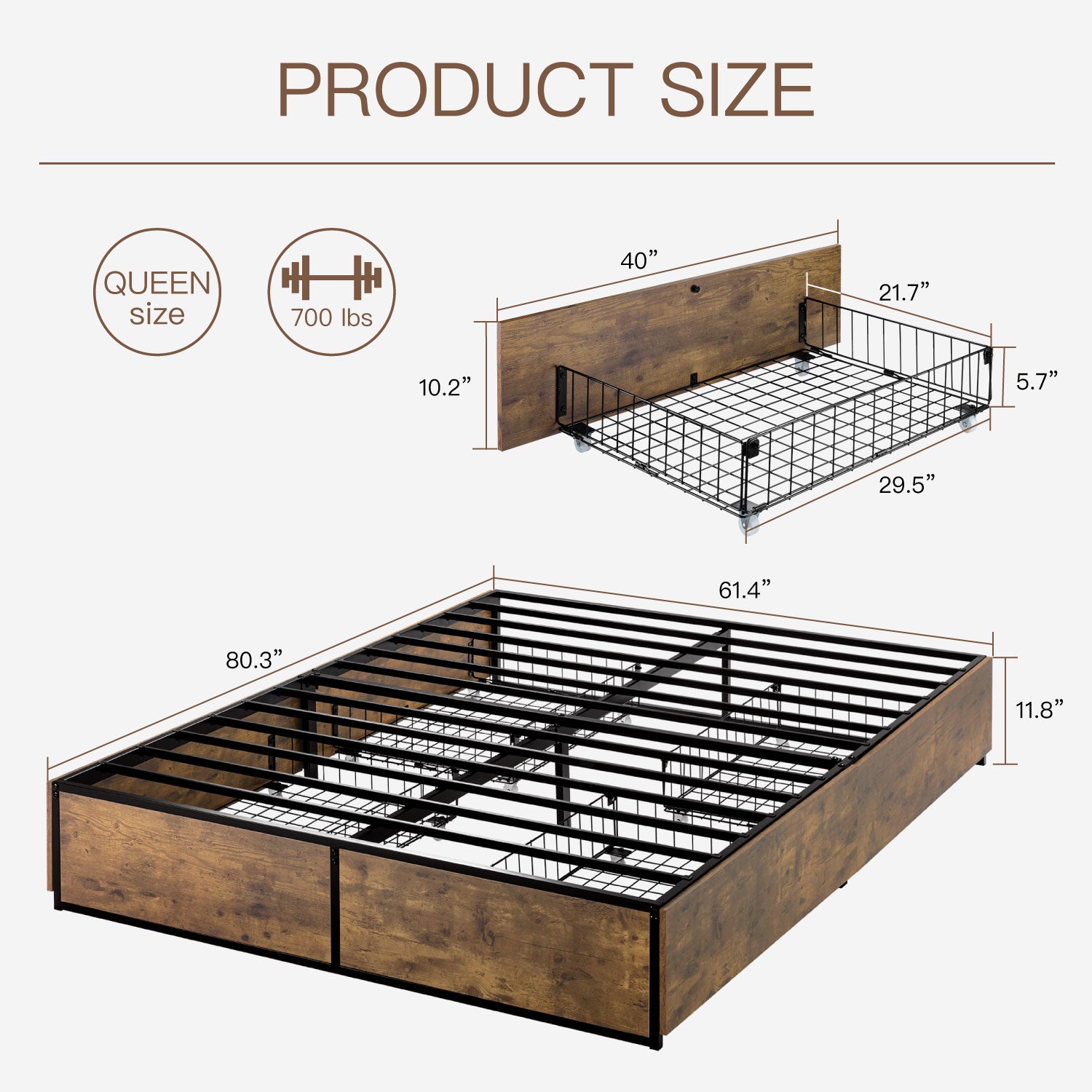 Einfach Platform Bed with 4 XL Drawers, Industrial Design, Brown
