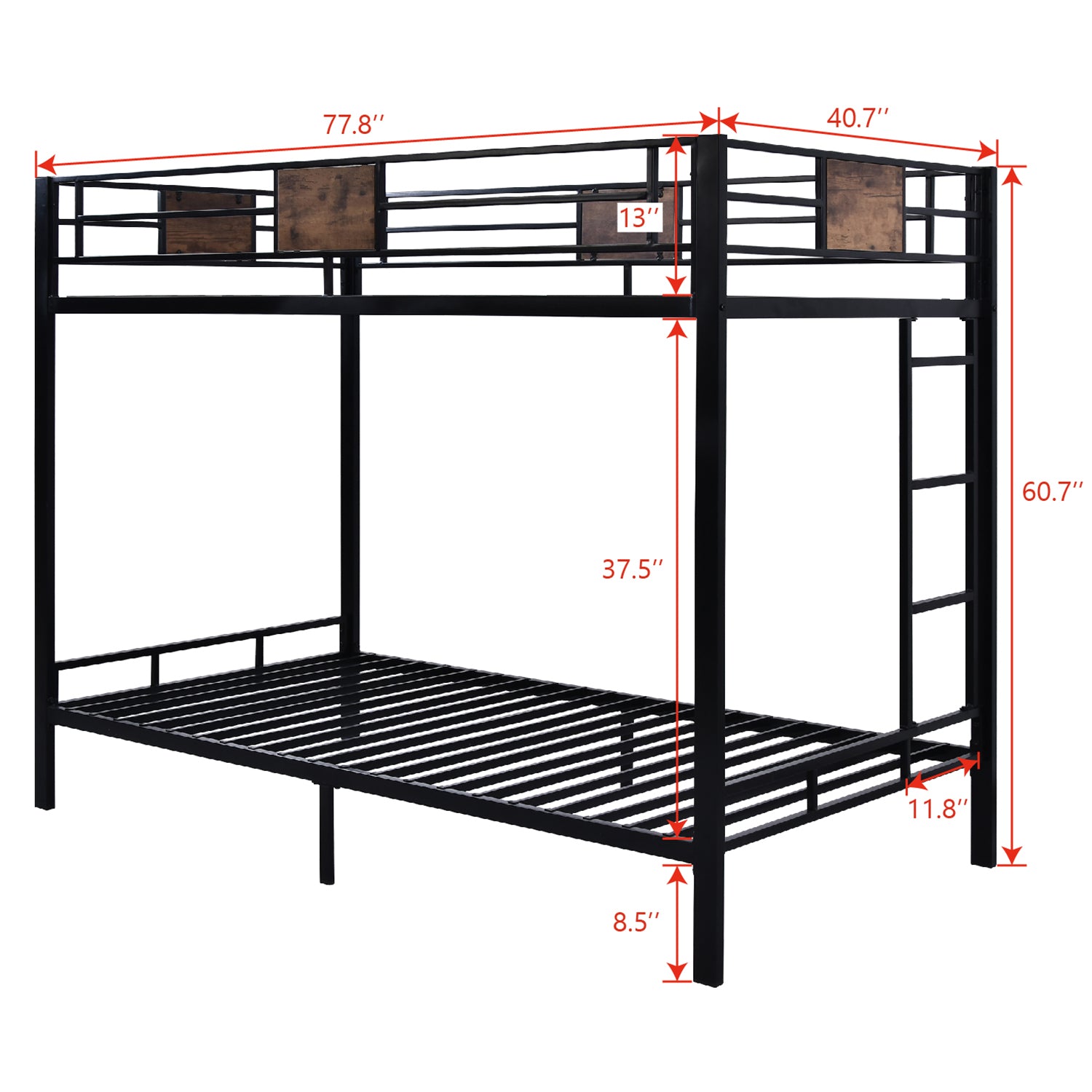 Einfach Twin over Twin Bunk Bed Frame with 13''Fully Enclosed Guardrail and Removable Ladders, Black