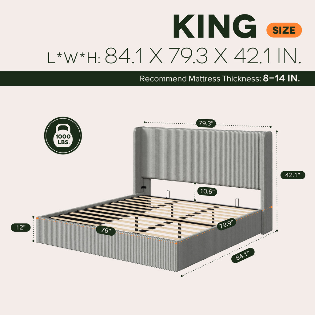 Einfach Hydraulic Lift Up Storage Bed Frame, Corduroy Upholstered Wingback Headboard, Ample Under-bed Storage