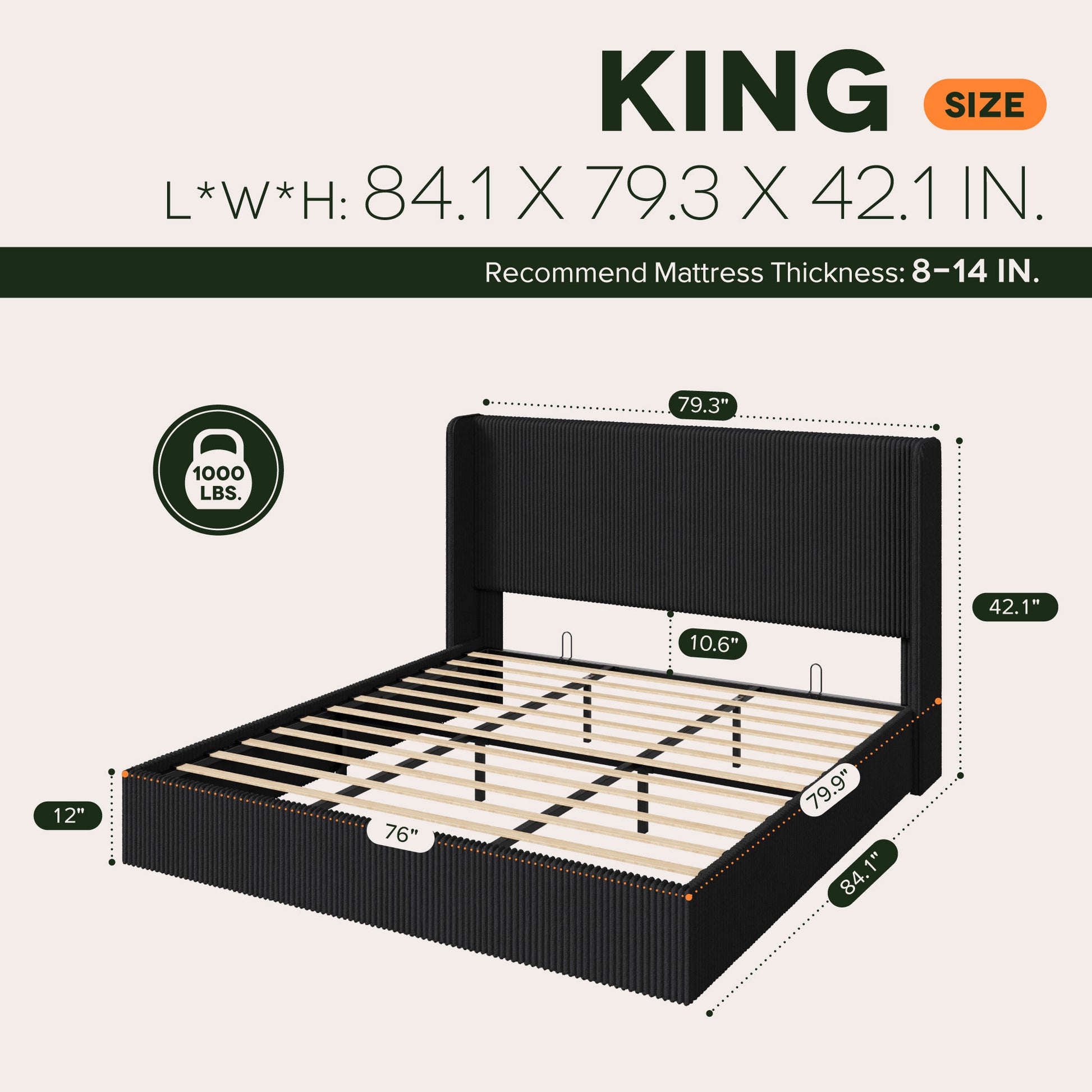 Einfach Hydraulic Lift Up Storage Bed Frame, Corduroy Upholstered Wingback Headboard, Ample Under-bed Storage