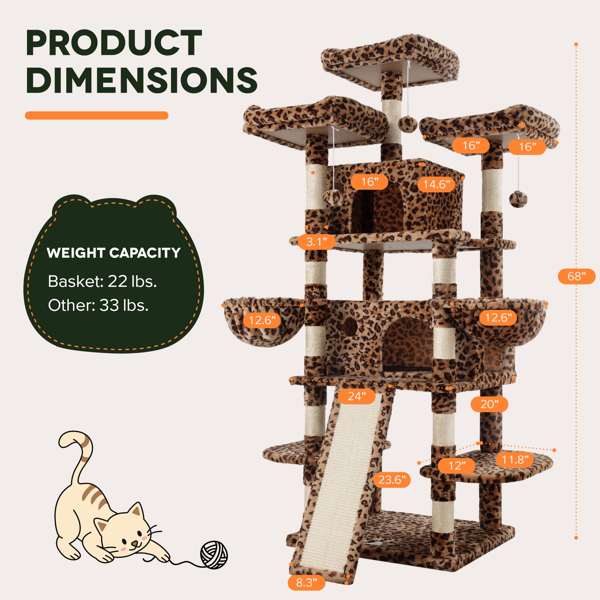 Einfach 68" X-Large Cat Tree and Tower with Condo Houses, Scratching Board & Posts for Indoor Cat