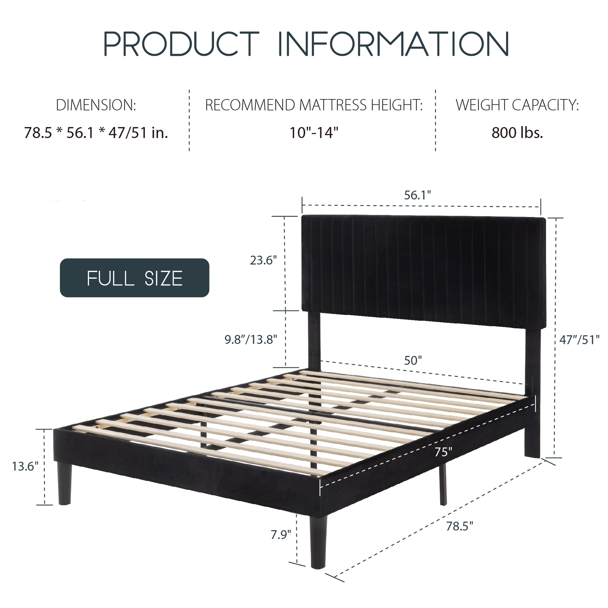Einfach Platform Bed Frame with Upholstered Adjustable Velvet Vertical Tufted Headboard